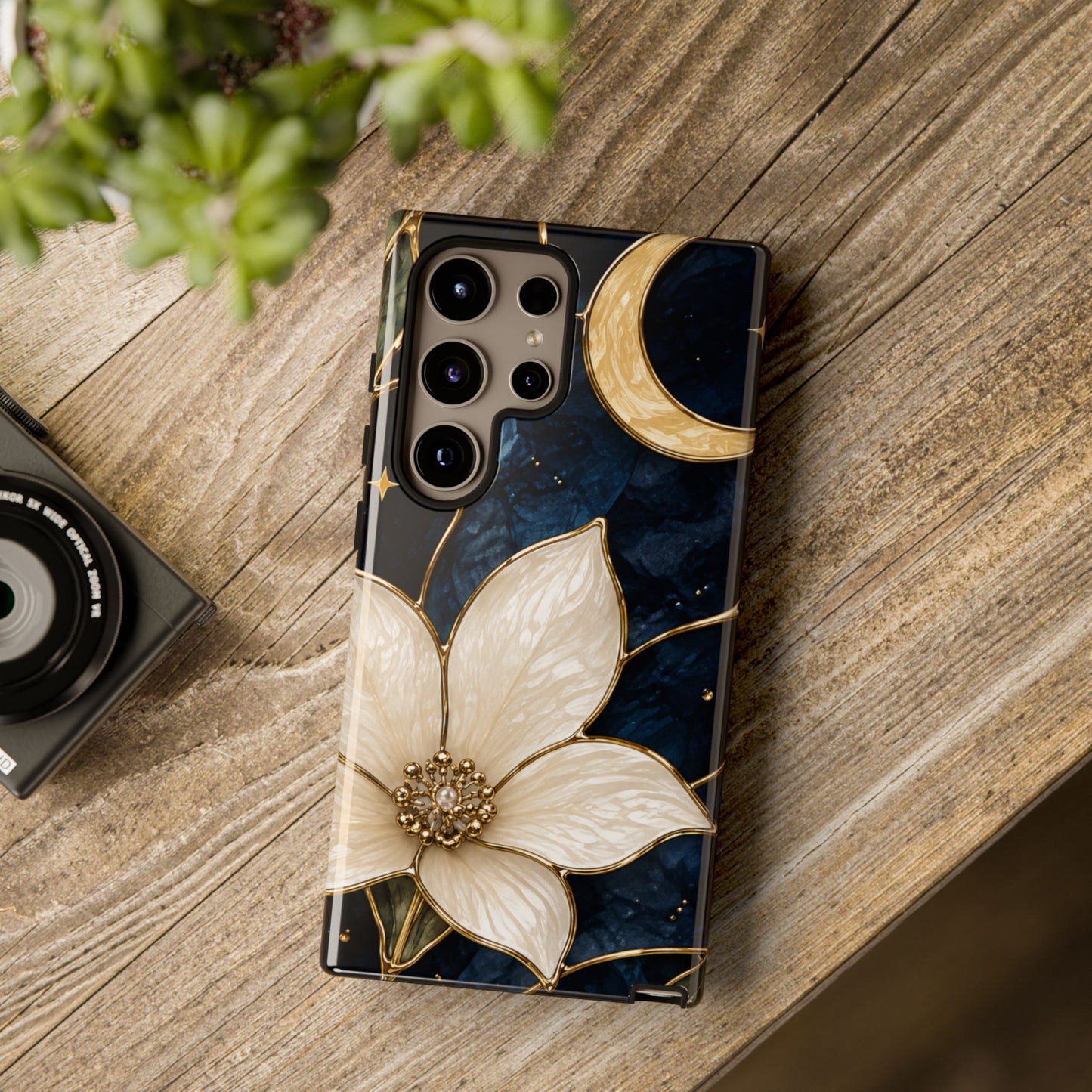 Midnight Blooms Floral Moon Tough Phone Case — Gold Crescent & White Blossom on Navy