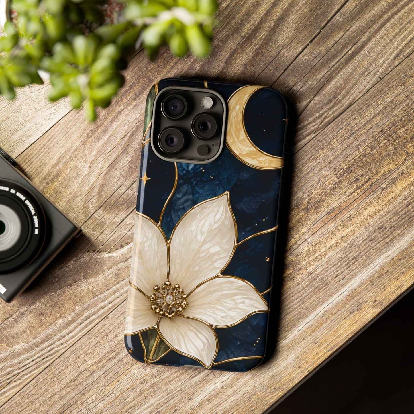 Midnight Blooms Floral Moon Tough Phone Case — Gold Crescent & White Blossom on Navy