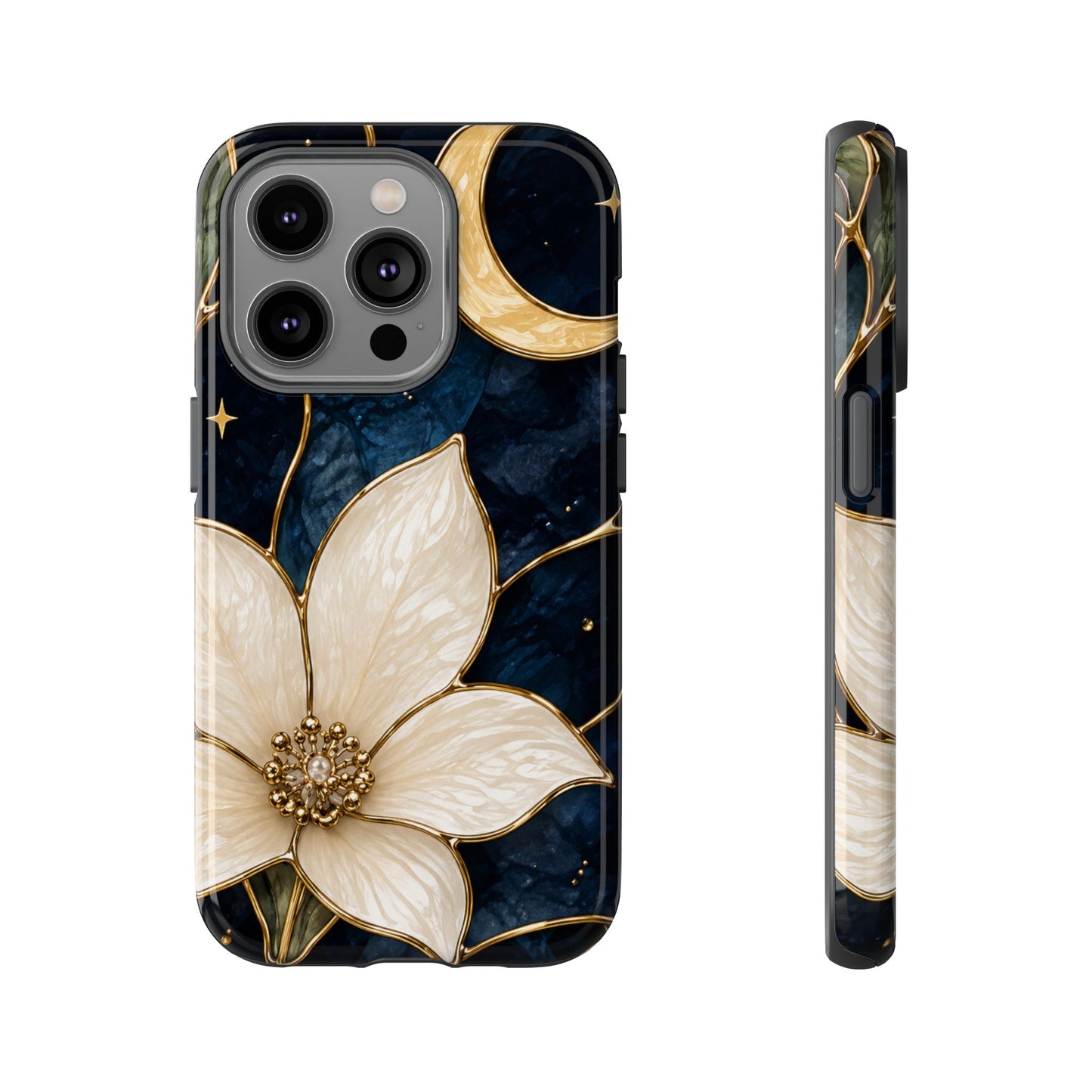 Midnight Blooms Floral Moon Tough Phone Case — Gold Crescent & White Blossom on Navy