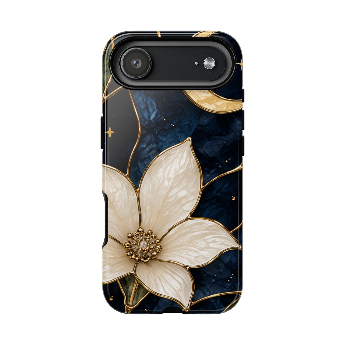 Midnight Blooms Floral Moon Tough Phone Case — Gold Crescent & White Blossom on Navy