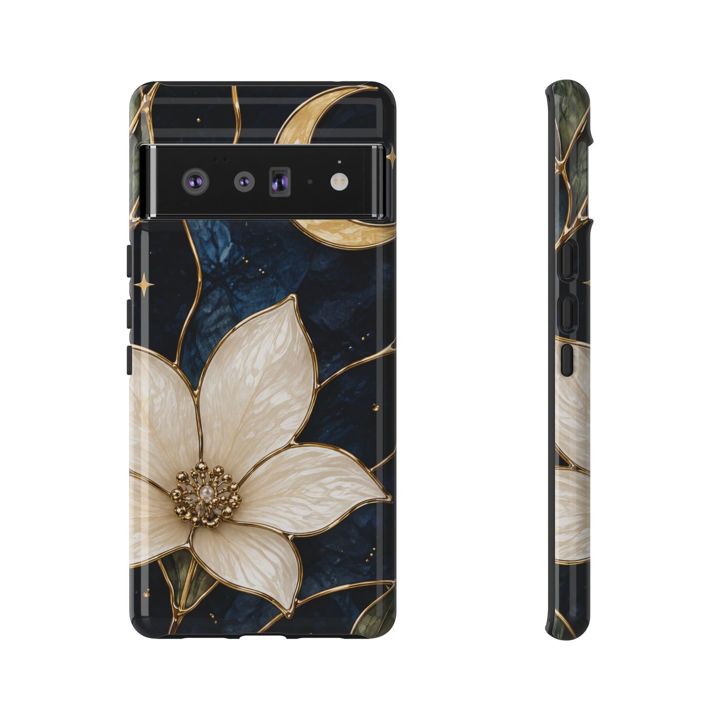 Midnight Blooms Floral Moon Tough Phone Case — Gold Crescent & White Blossom on Navy