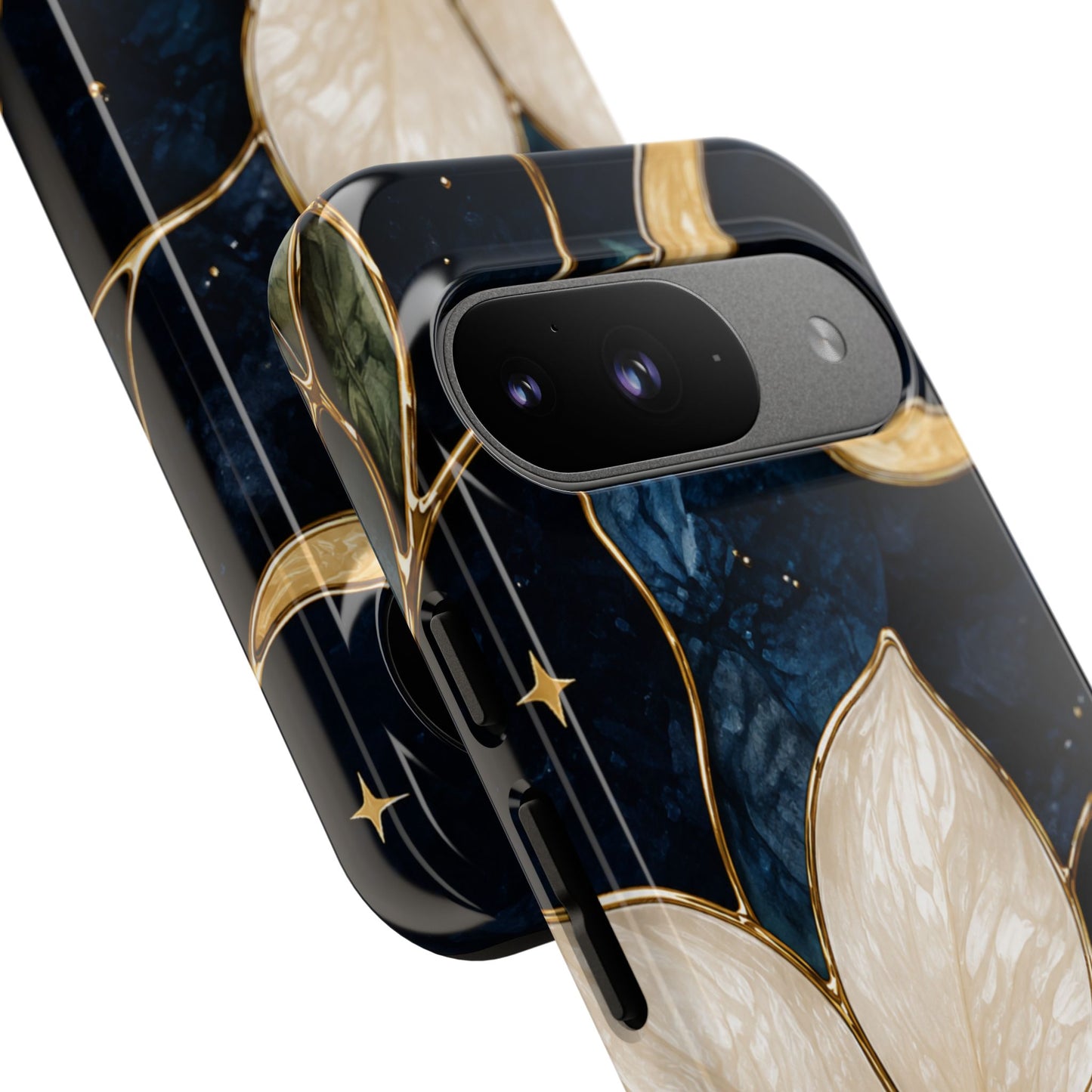 Midnight Blooms Floral Moon Tough Phone Case — Gold Crescent & White Blossom on Navy