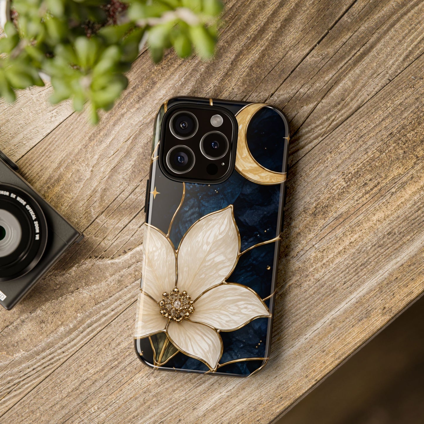 Midnight Blooms Floral Moon Tough Phone Case — Gold Crescent & White Blossom on Navy