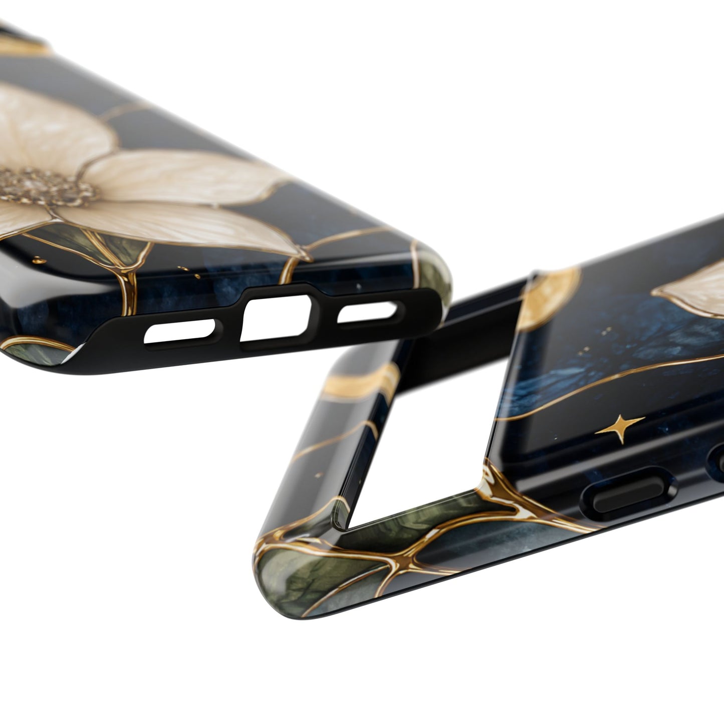 Midnight Blooms Floral Moon Tough Phone Case — Gold Crescent & White Blossom on Navy