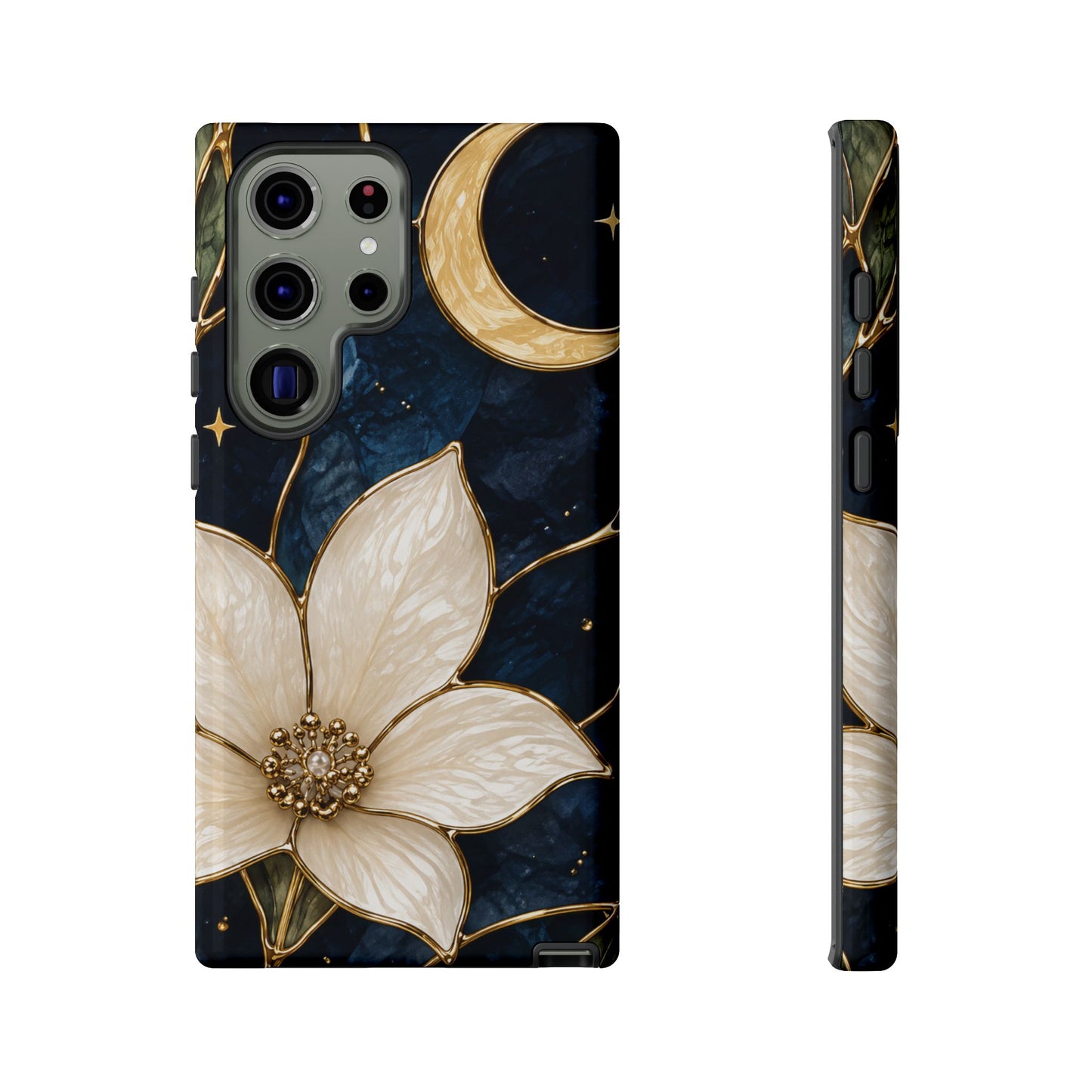 Midnight Blooms Floral Moon Tough Phone Case — Gold Crescent & White Blossom on Navy