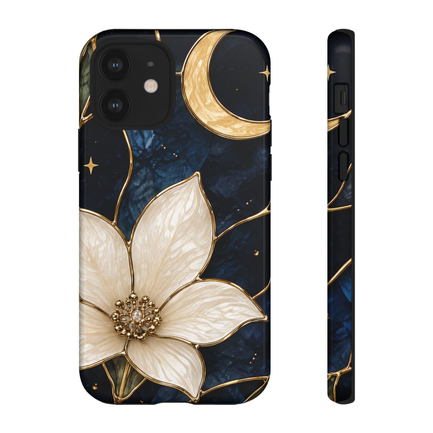 Midnight Blooms Floral Moon Tough Phone Case — Gold Crescent & White Blossom on Navy