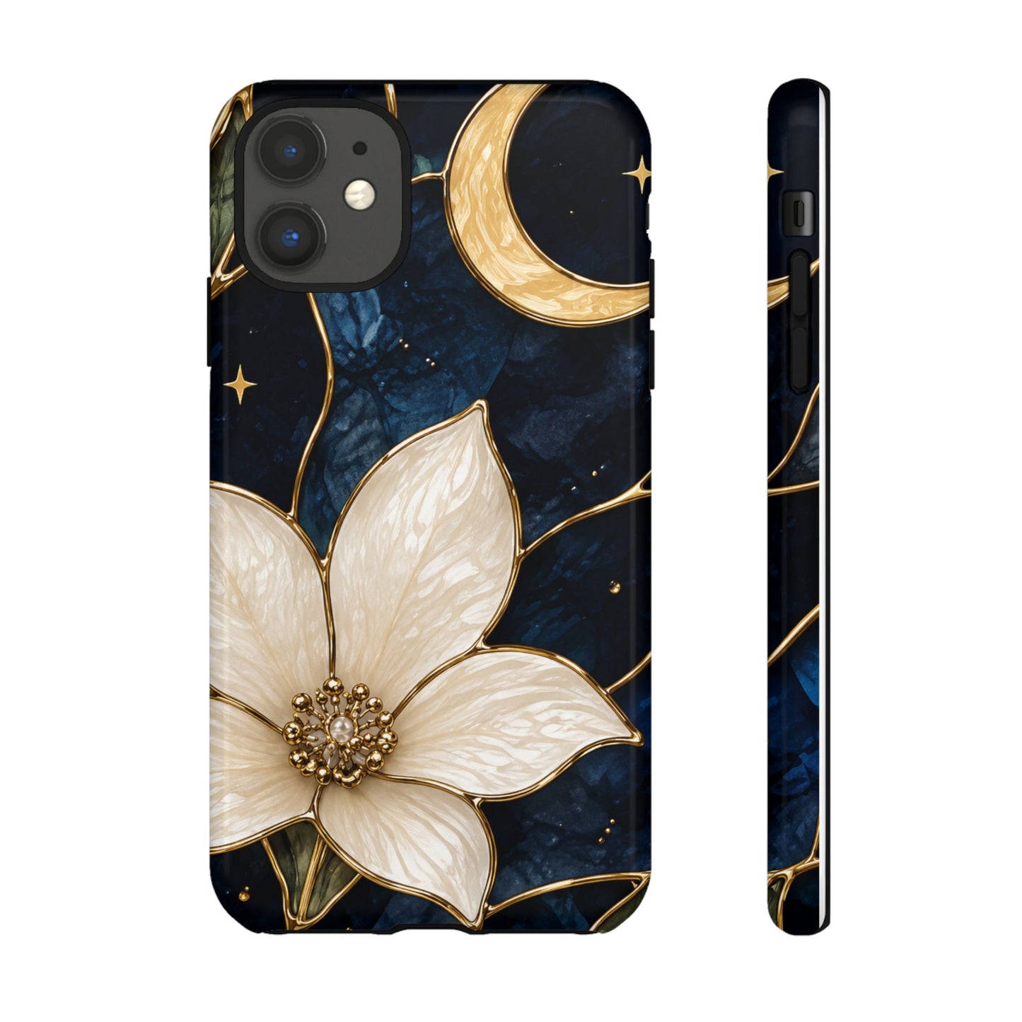 Midnight Blooms Floral Moon Tough Phone Case — Gold Crescent & White Blossom on Navy