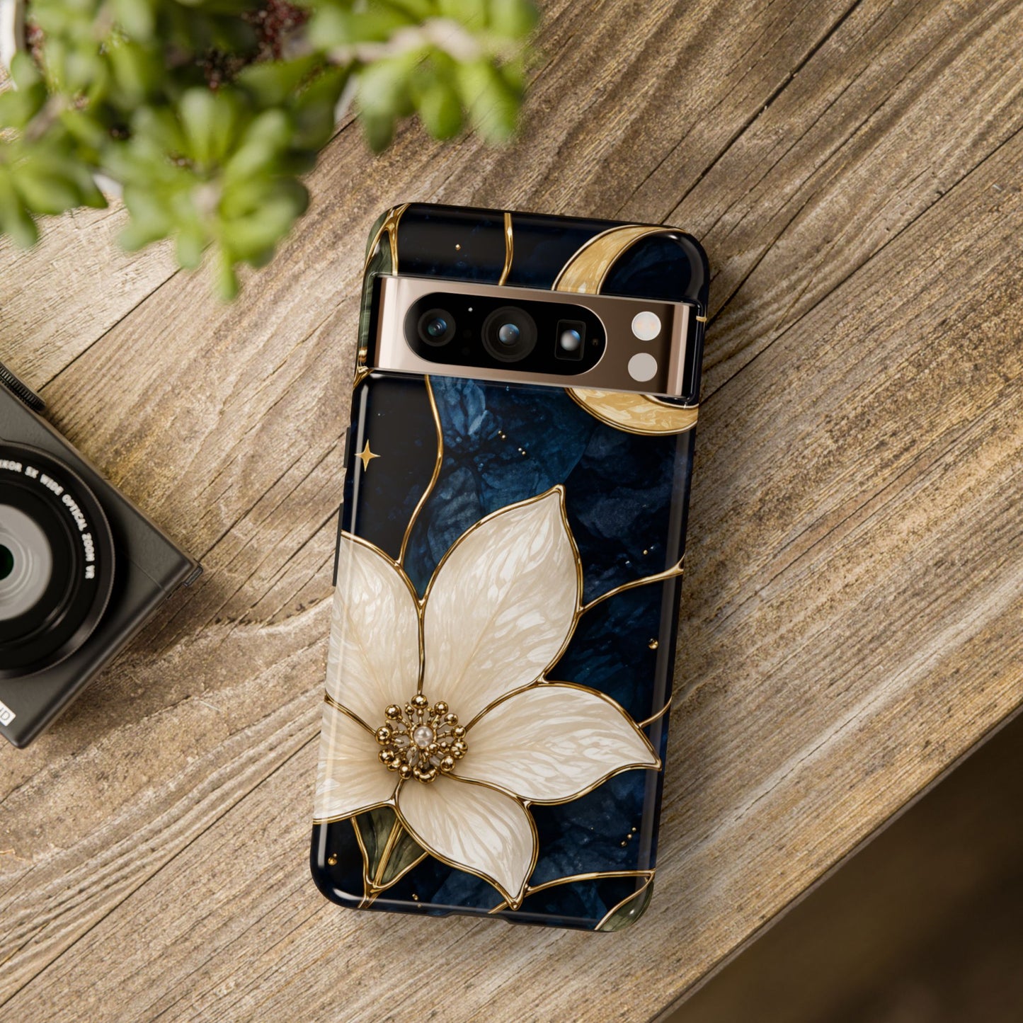 Midnight Blooms Floral Moon Tough Phone Case — Gold Crescent & White Blossom on Navy