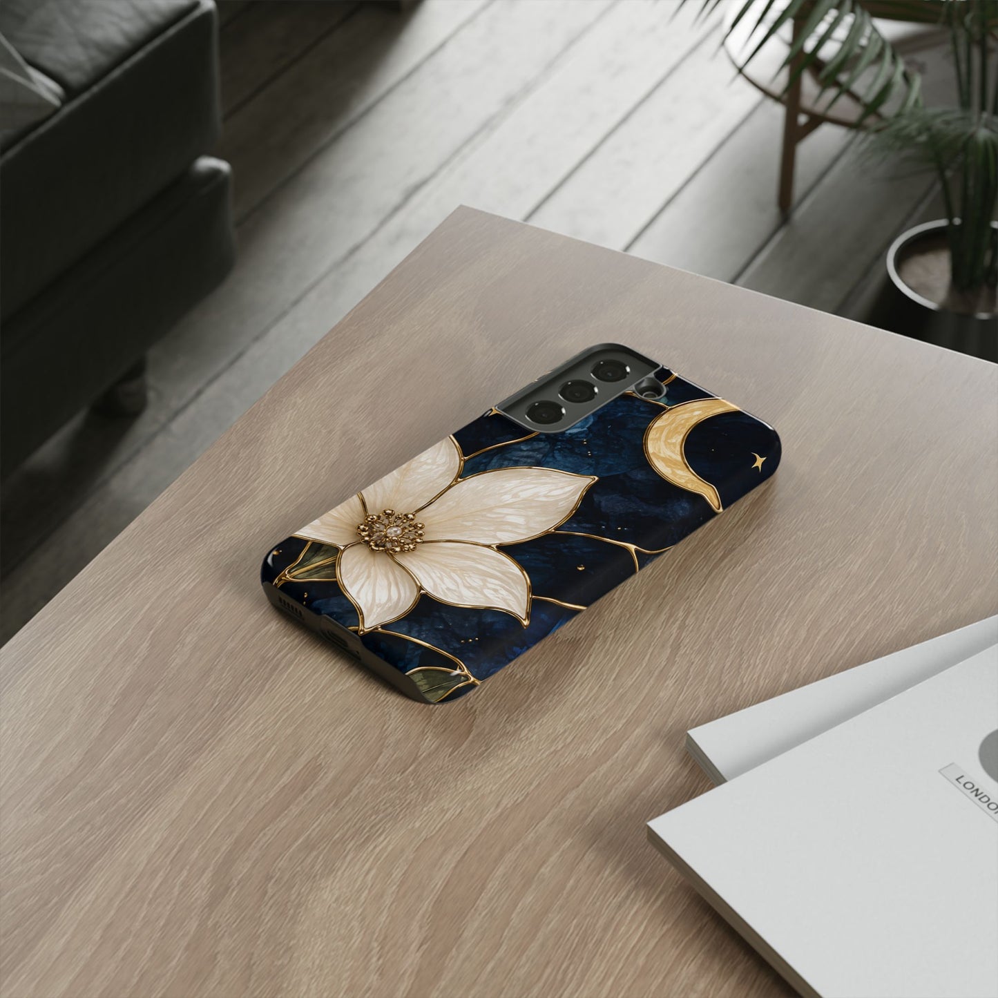 Midnight Blooms Floral Moon Tough Phone Case — Gold Crescent & White Blossom on Navy