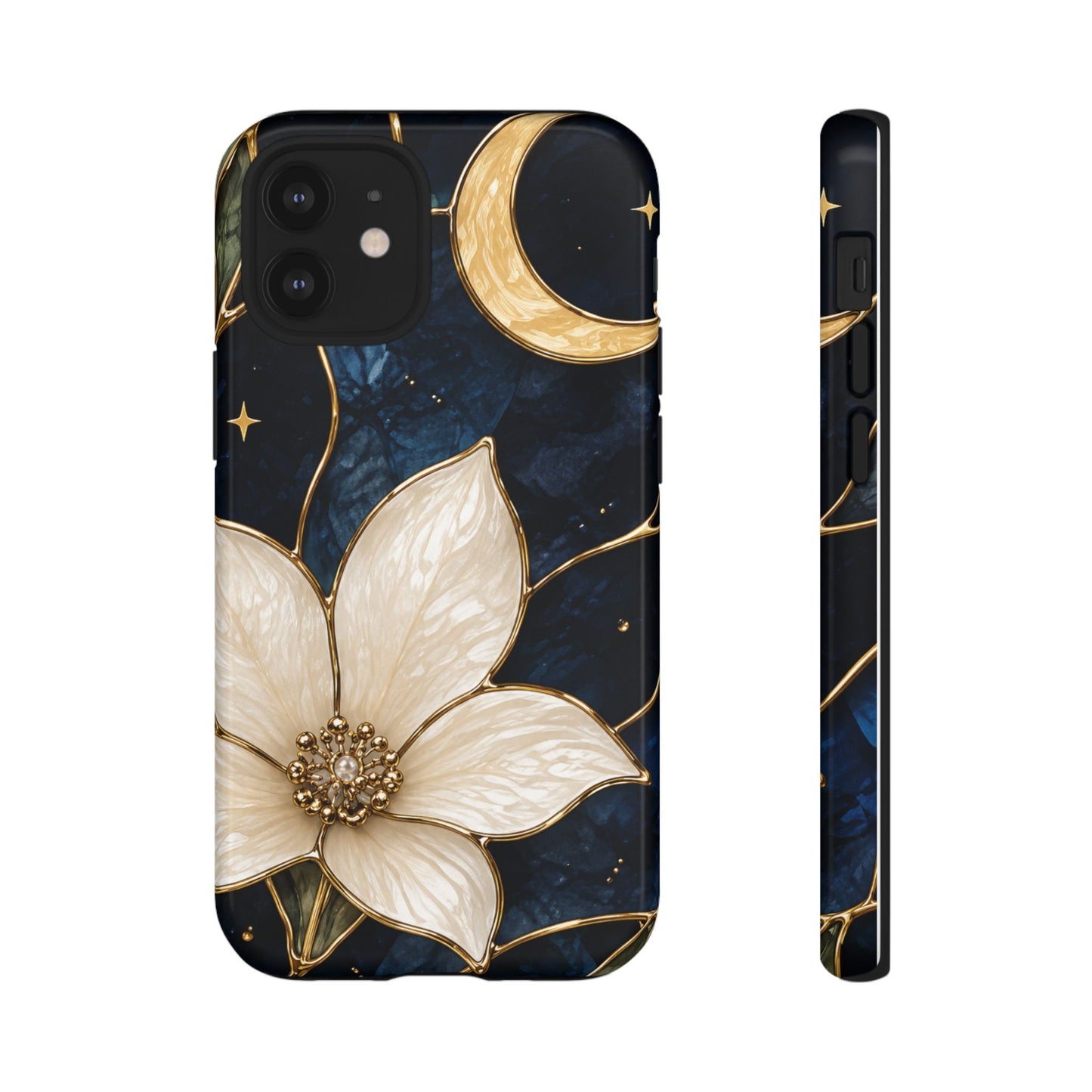 Midnight Blooms Floral Moon Tough Phone Case — Gold Crescent & White Blossom on Navy