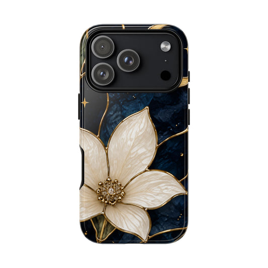 Midnight Blooms Floral Moon Tough Phone Case — Gold Crescent & White Blossom on Navy