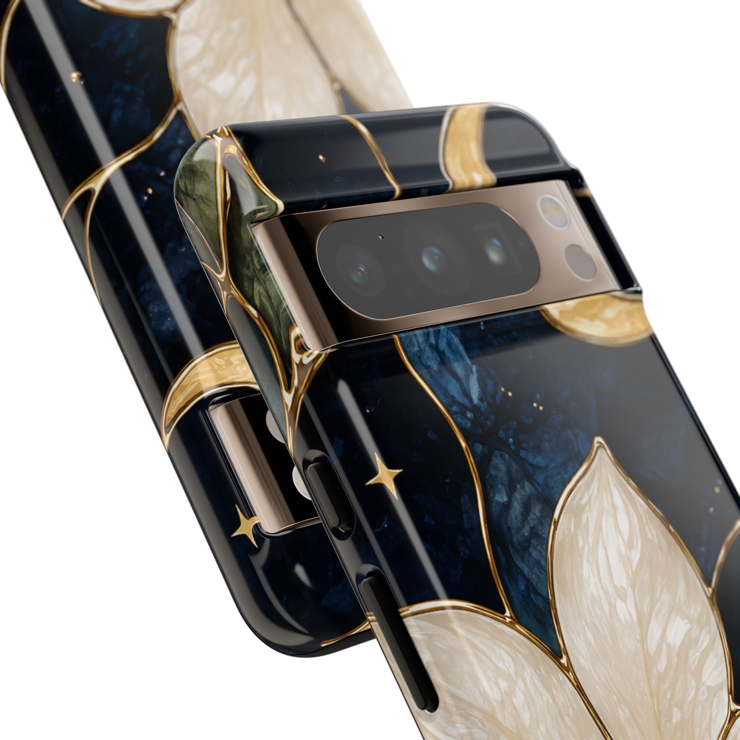 Midnight Blooms Floral Moon Tough Phone Case — Gold Crescent & White Blossom on Navy