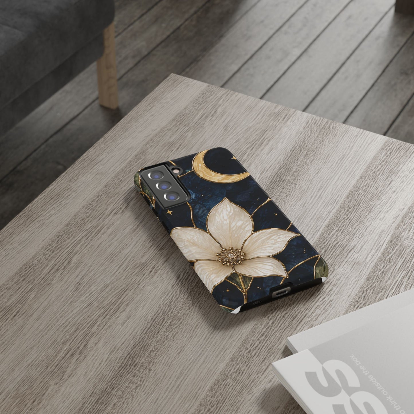 Midnight Blooms Floral Moon Tough Phone Case — Gold Crescent & White Blossom on Navy