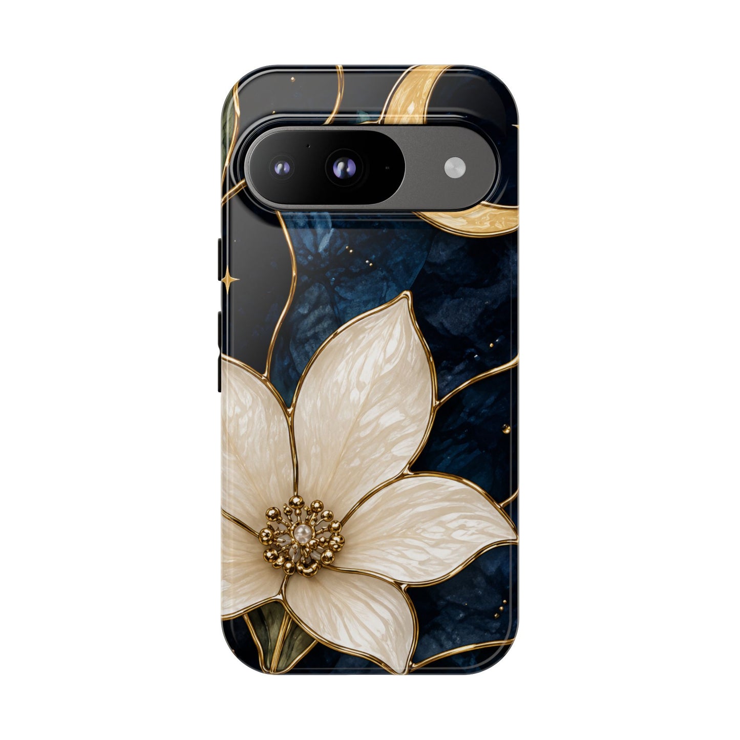 Midnight Blooms Floral Moon Tough Phone Case — Gold Crescent & White Blossom on Navy
