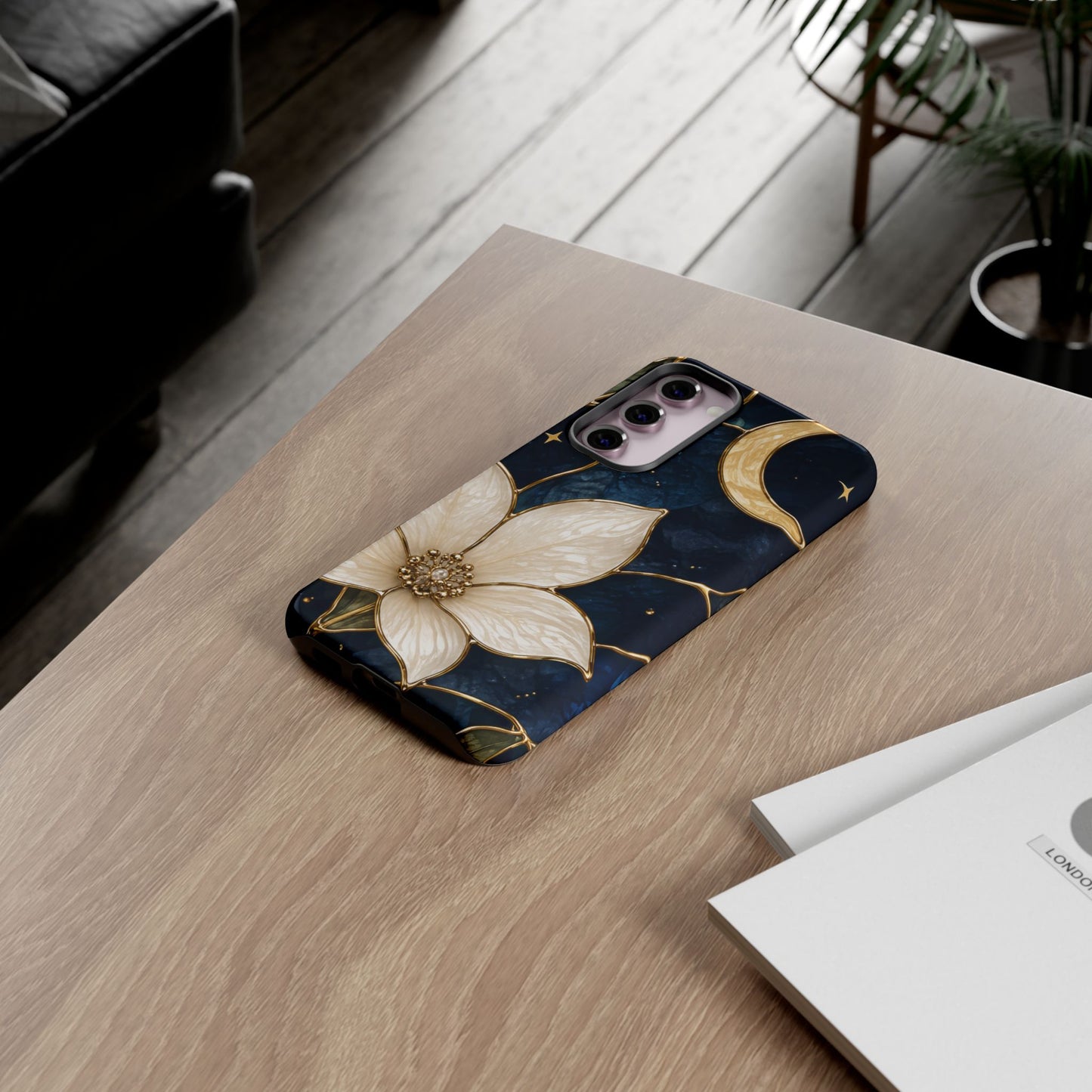 Midnight Blooms Floral Moon Tough Phone Case — Gold Crescent & White Blossom on Navy