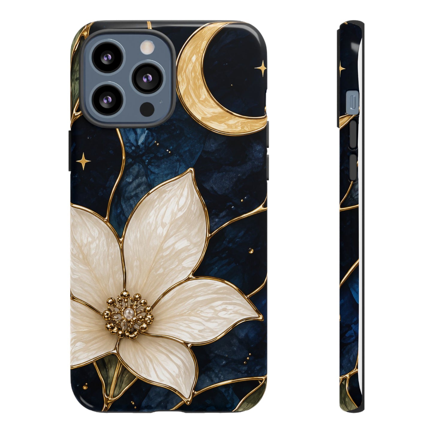 Midnight Blooms Floral Moon Tough Phone Case — Gold Crescent & White Blossom on Navy