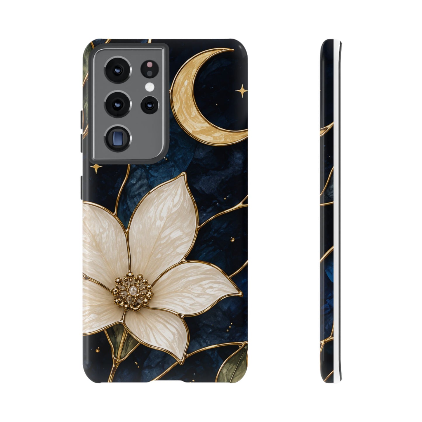 Midnight Blooms Floral Moon Tough Phone Case — Gold Crescent & White Blossom on Navy