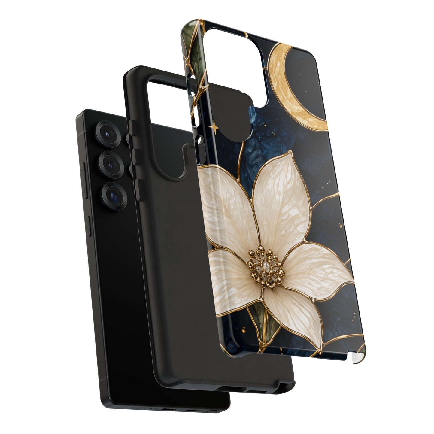 Midnight Blooms Floral Moon Tough Phone Case — Gold Crescent & White Blossom on Navy