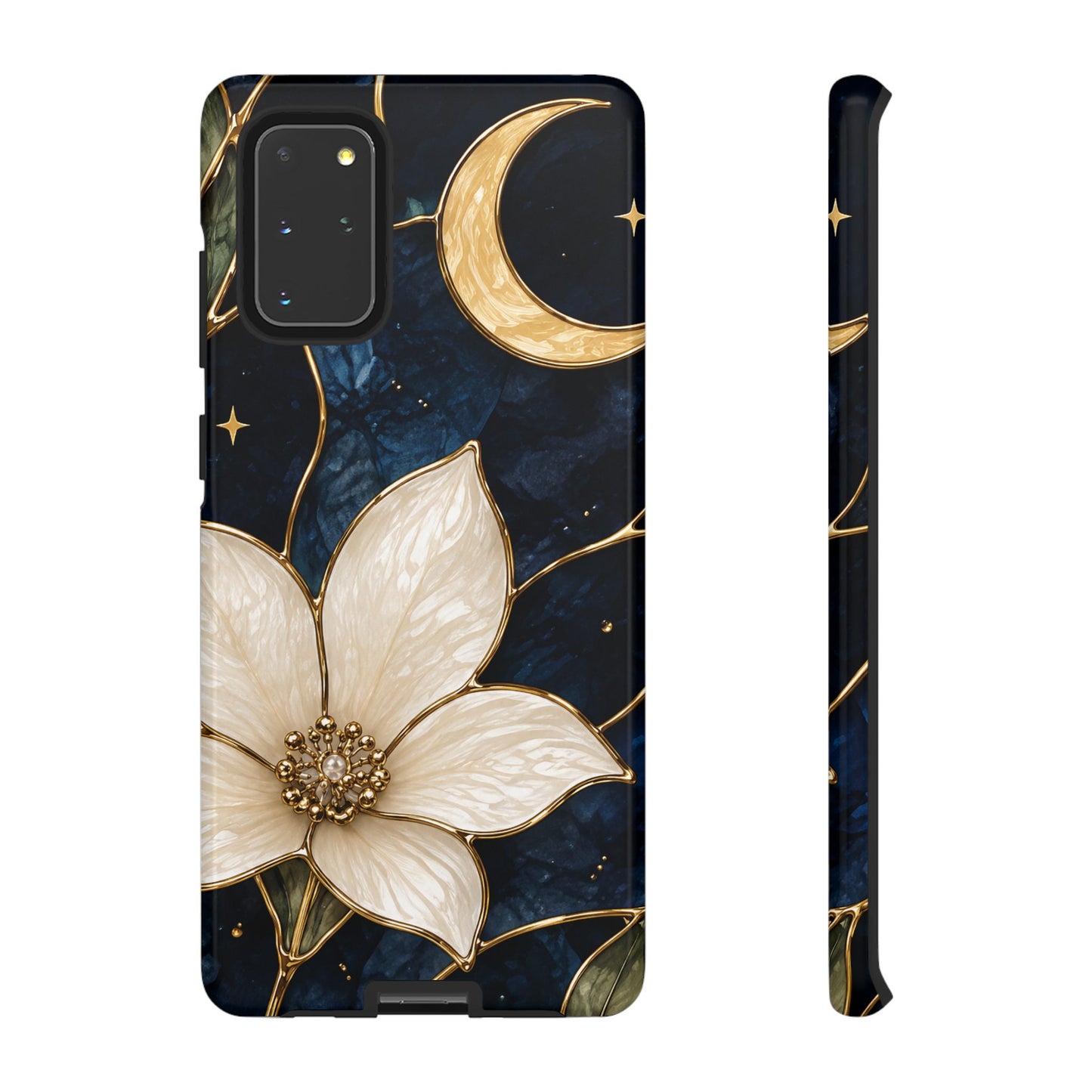 Midnight Blooms Floral Moon Tough Phone Case — Gold Crescent & White Blossom on Navy