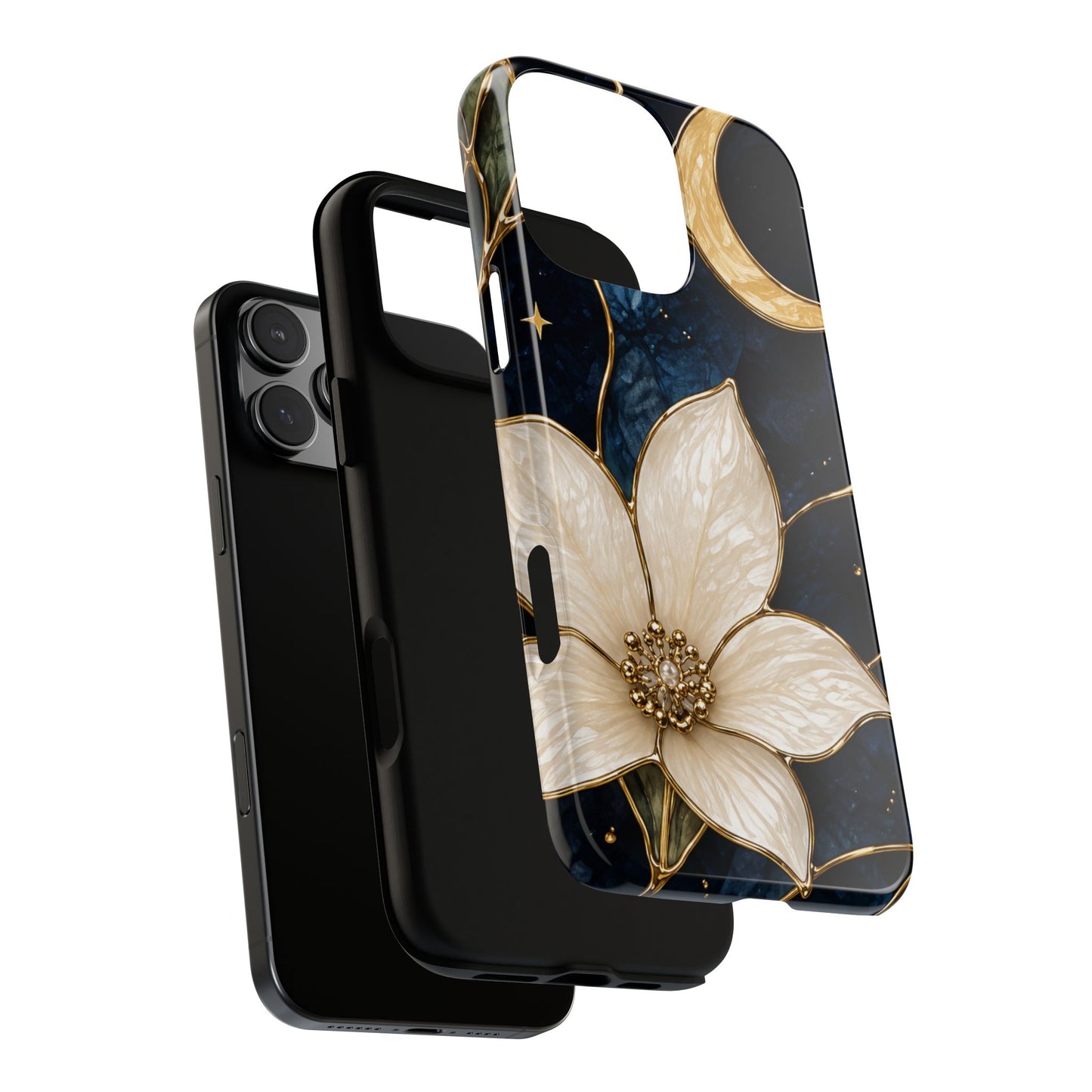 Midnight Blooms Floral Moon Tough Phone Case — Gold Crescent & White Blossom on Navy