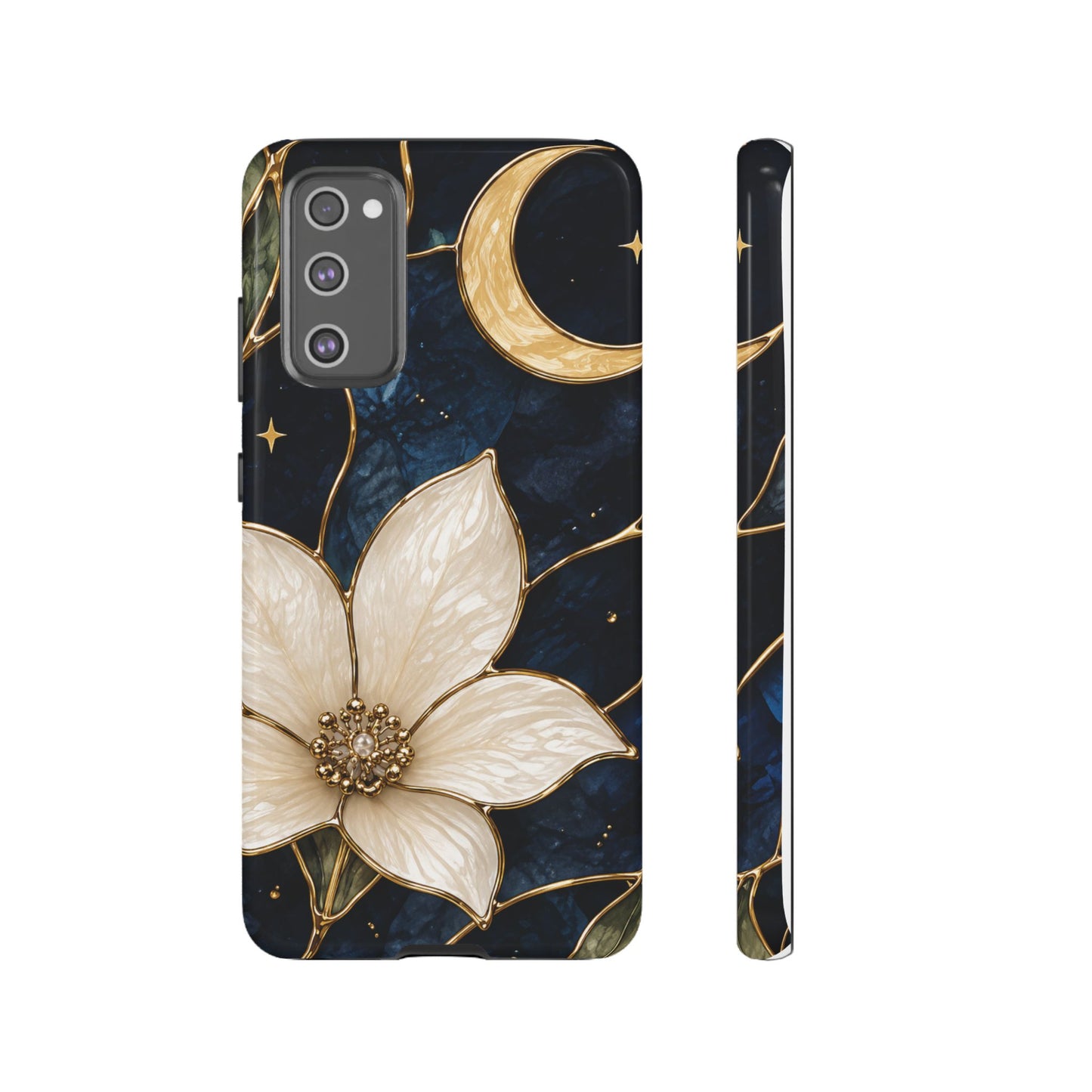 Midnight Blooms Floral Moon Tough Phone Case — Gold Crescent & White Blossom on Navy