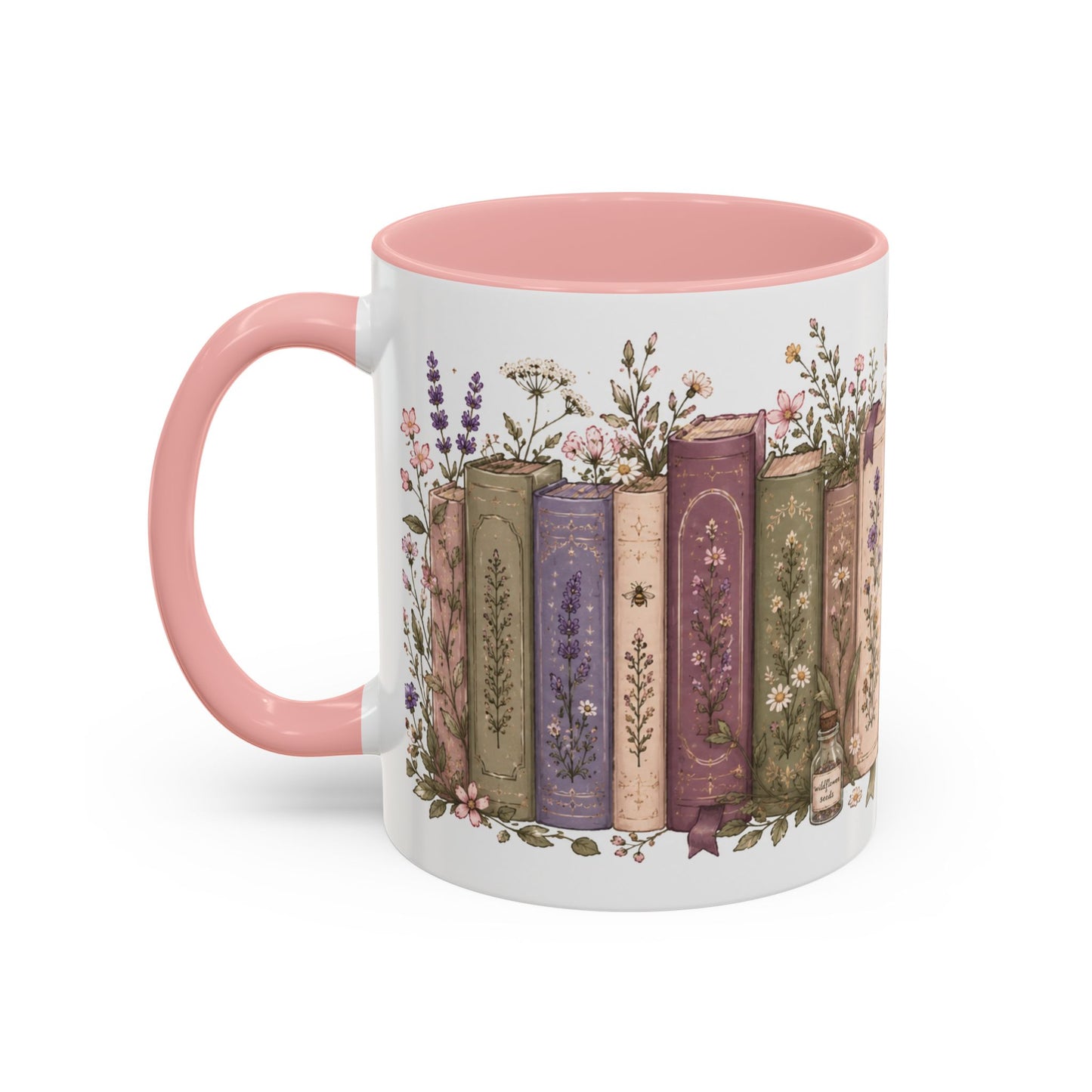 Floral Vintage Books Coffee Mug — Pink Accent Novel Lover Gift
