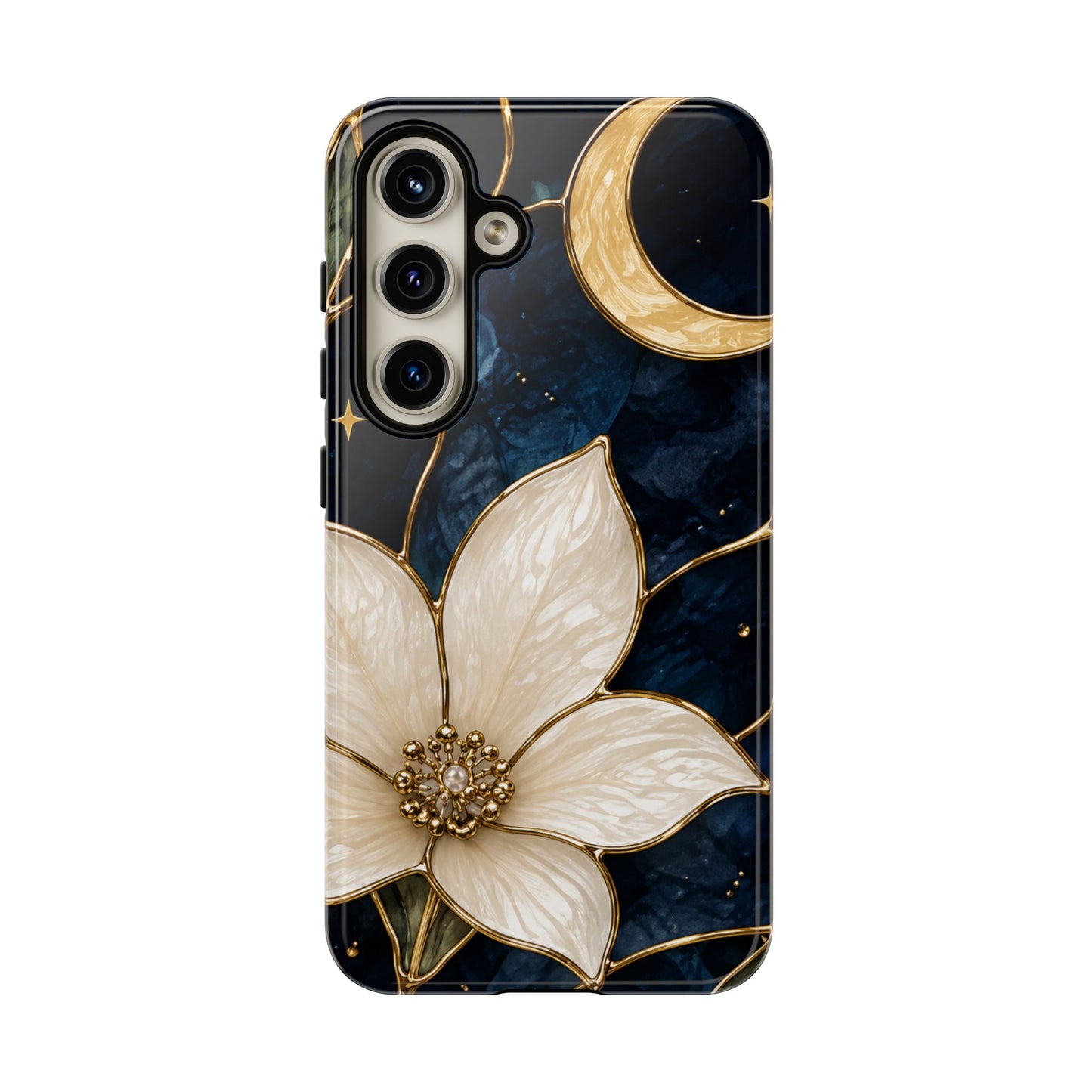 Midnight Blooms Floral Moon Tough Phone Case — Gold Crescent & White Blossom on Navy