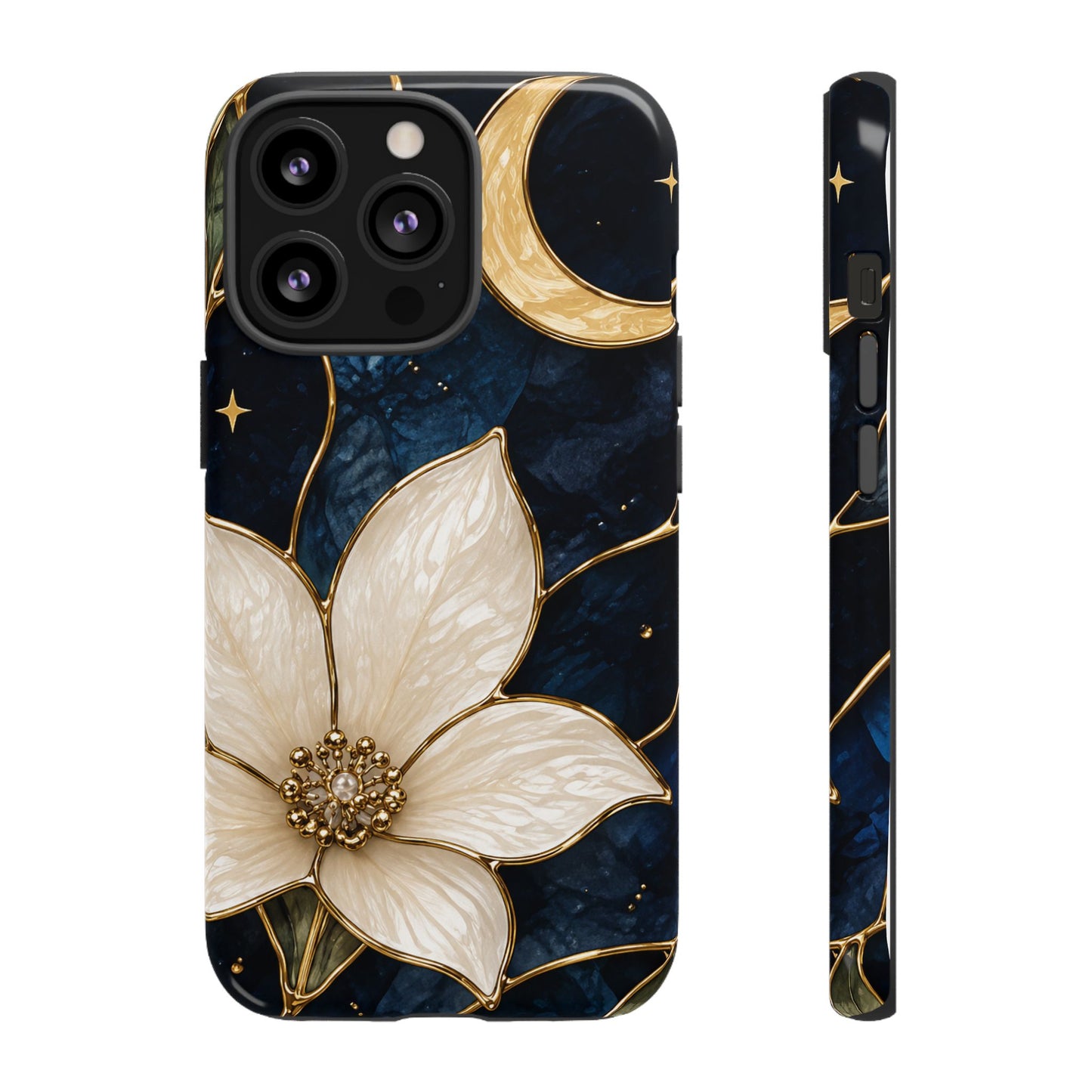 Midnight Blooms Floral Moon Tough Phone Case — Gold Crescent & White Blossom on Navy