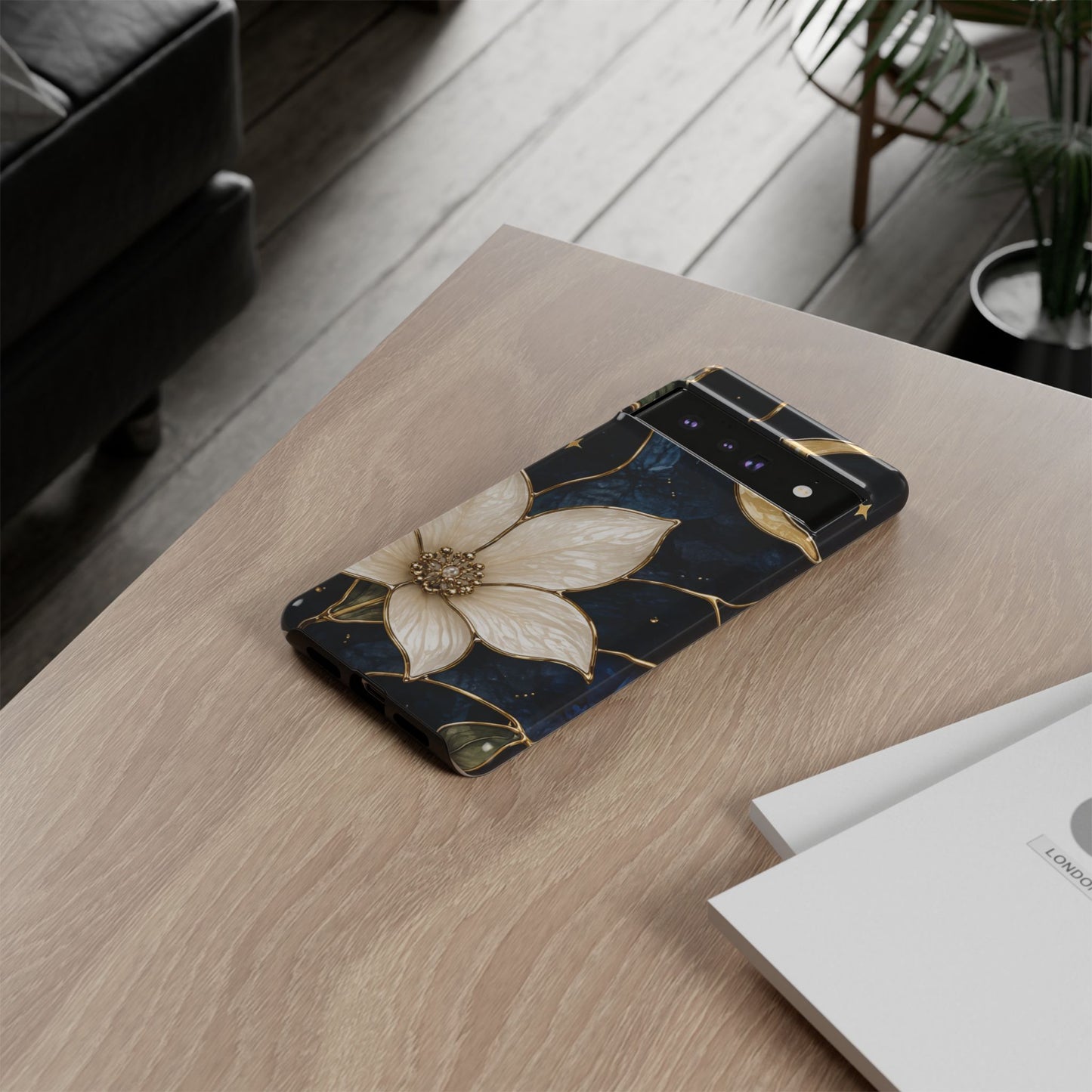 Midnight Blooms Floral Moon Tough Phone Case — Gold Crescent & White Blossom on Navy