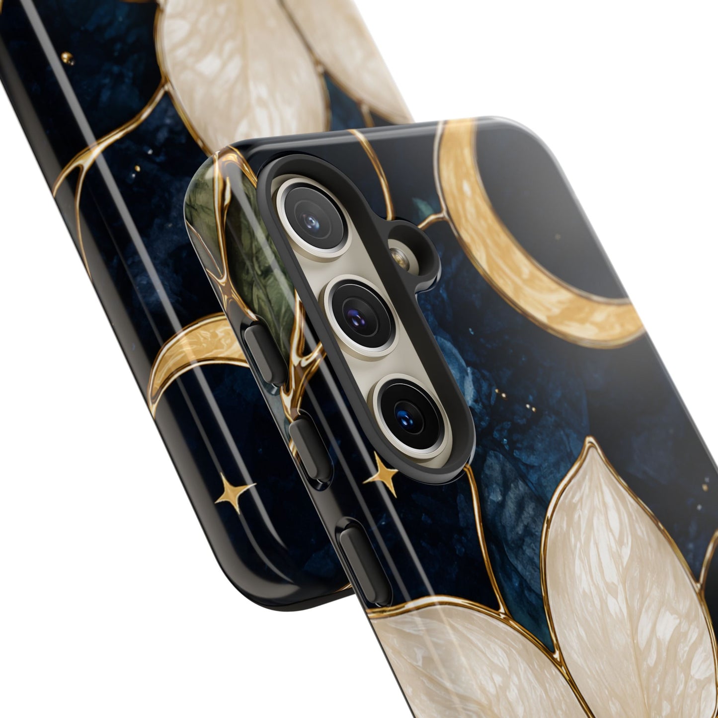 Midnight Blooms Floral Moon Tough Phone Case — Gold Crescent & White Blossom on Navy