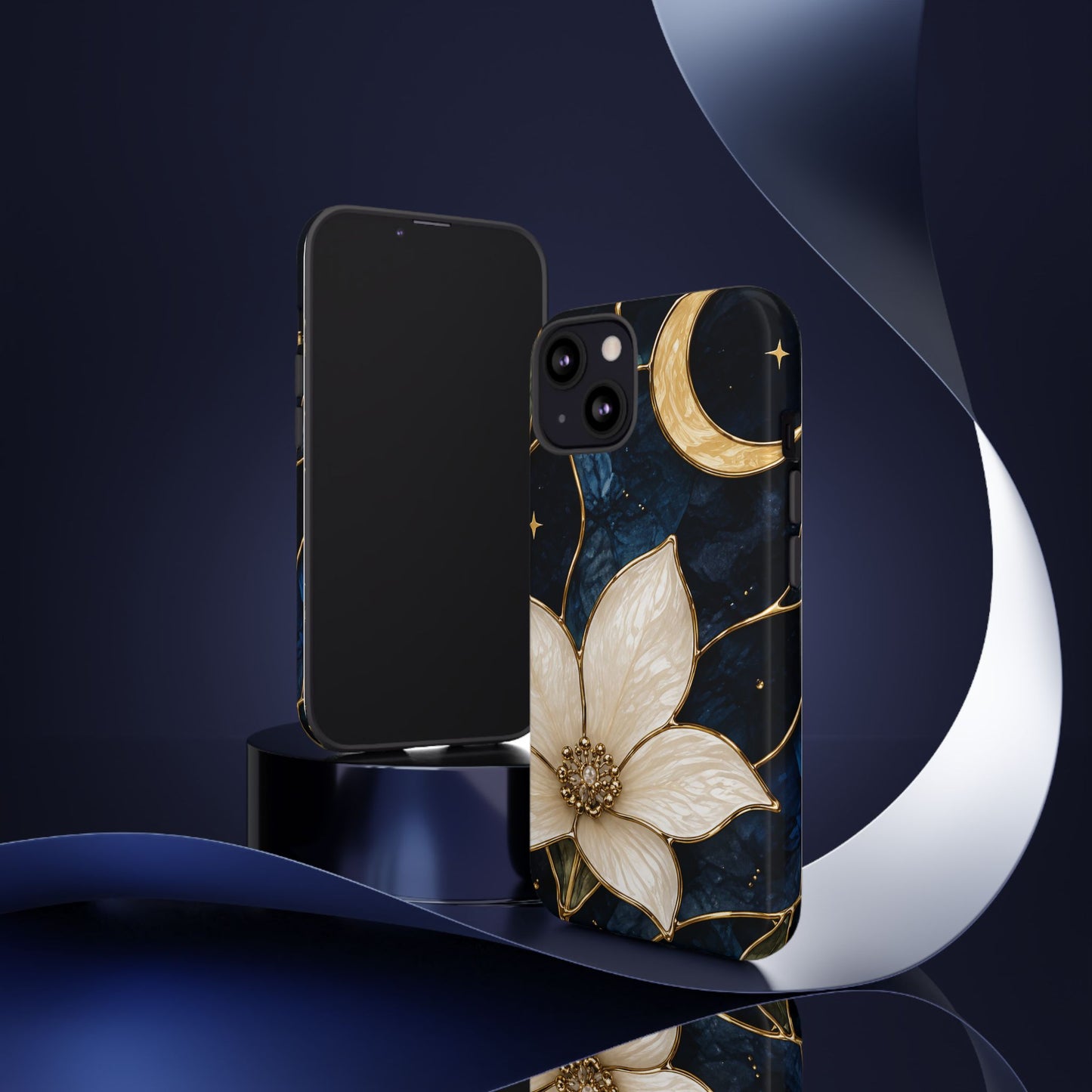 Midnight Blooms Floral Moon Tough Phone Case — Gold Crescent & White Blossom on Navy