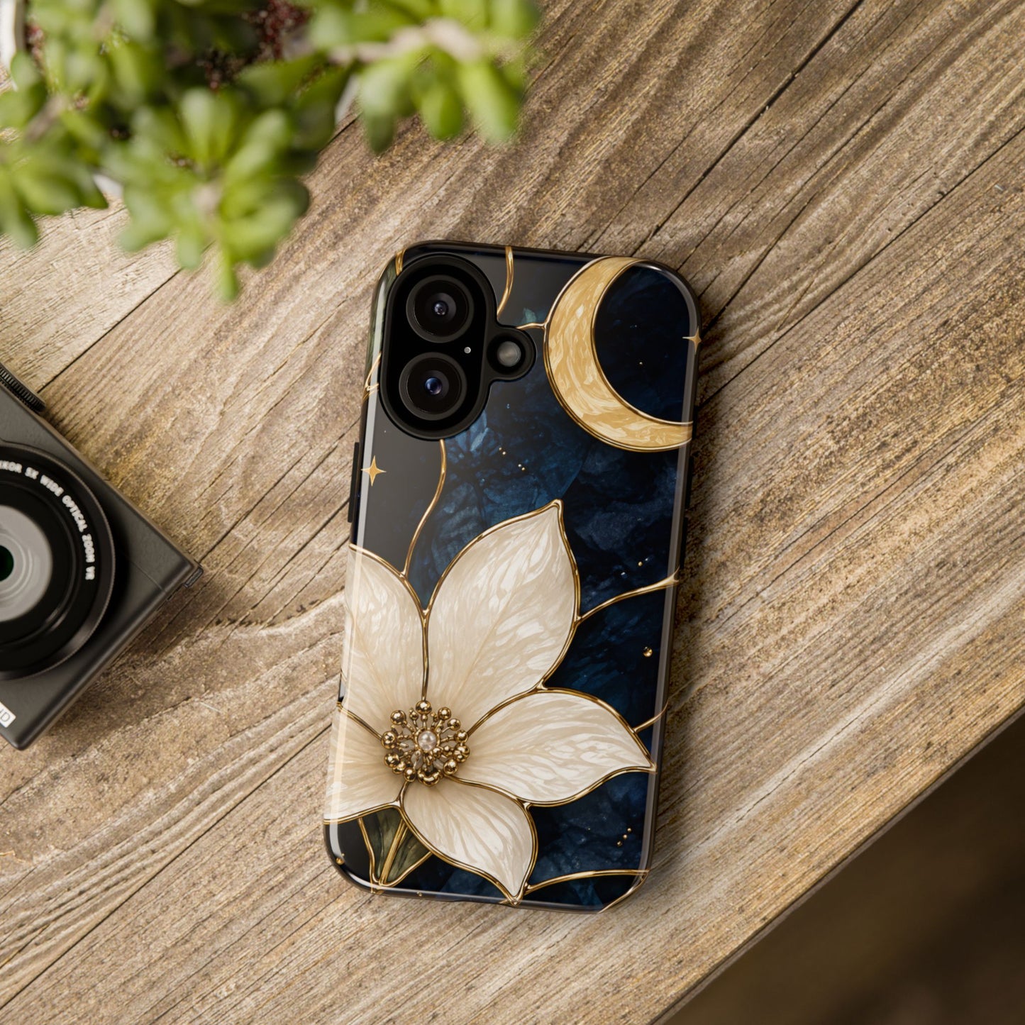 Midnight Blooms Floral Moon Tough Phone Case — Gold Crescent & White Blossom on Navy