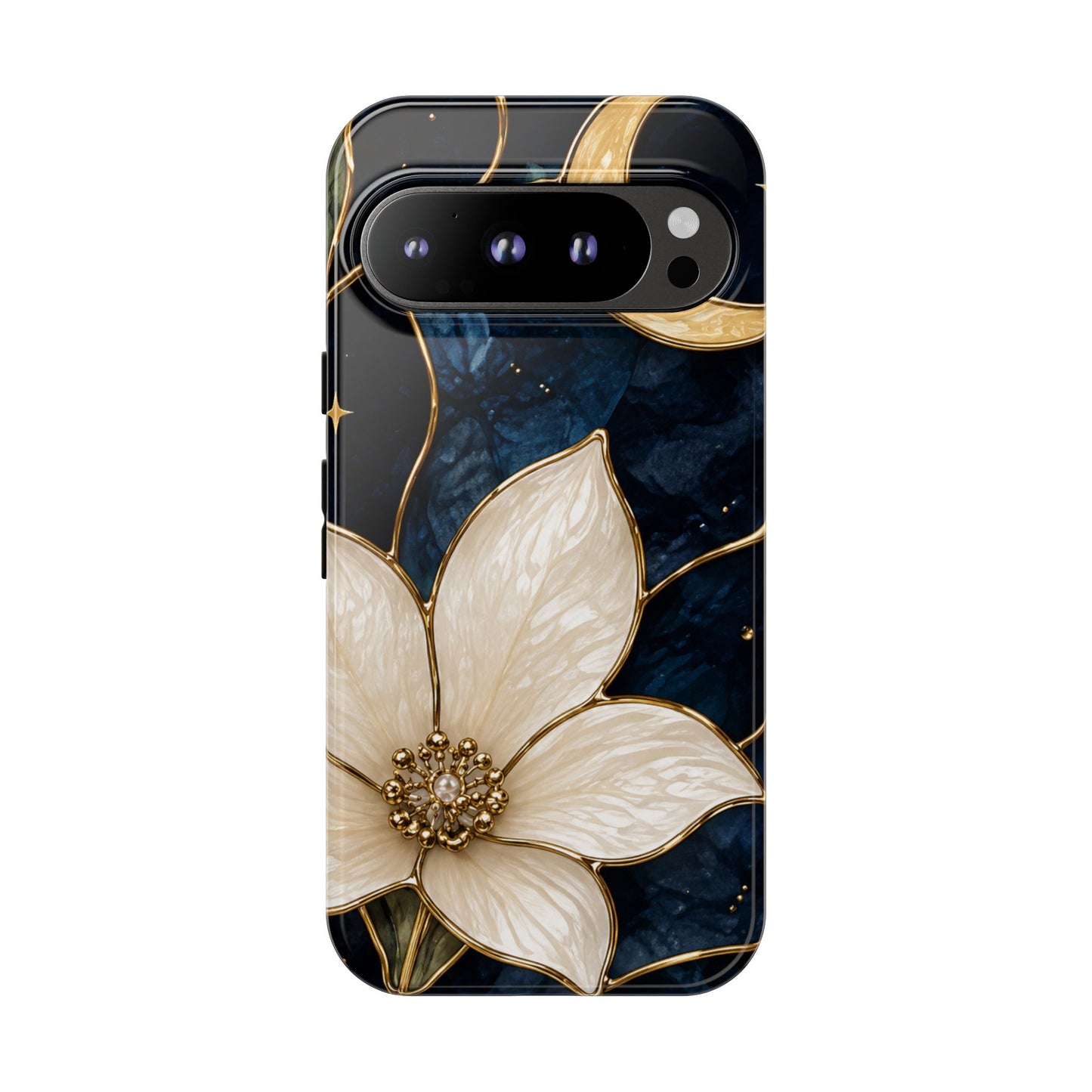 Midnight Blooms Floral Moon Tough Phone Case — Gold Crescent & White Blossom on Navy
