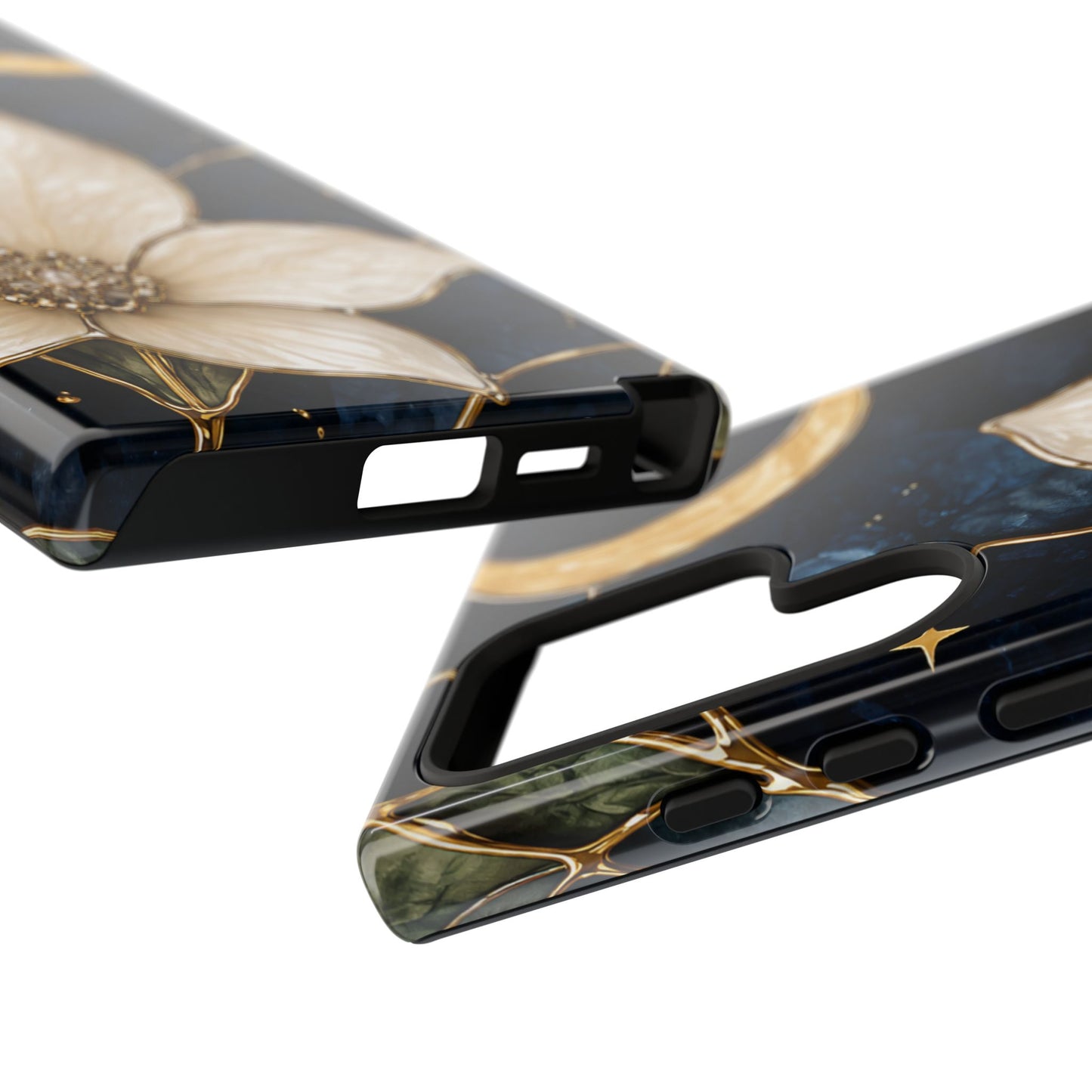Midnight Blooms Floral Moon Tough Phone Case — Gold Crescent & White Blossom on Navy