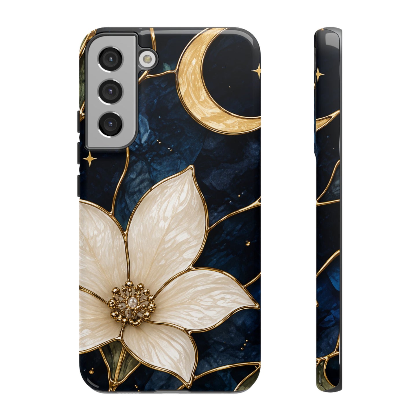 Midnight Blooms Floral Moon Tough Phone Case — Gold Crescent & White Blossom on Navy