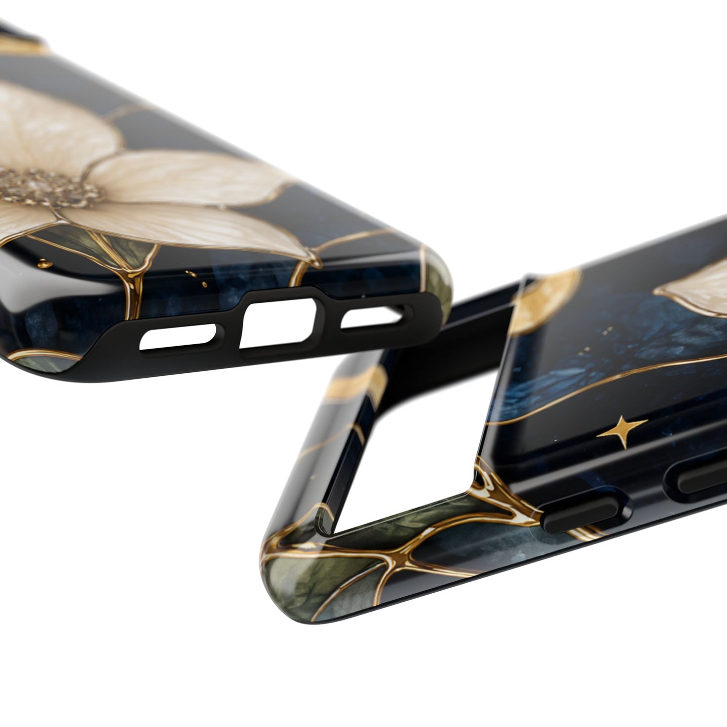 Midnight Blooms Floral Moon Tough Phone Case — Gold Crescent & White Blossom on Navy