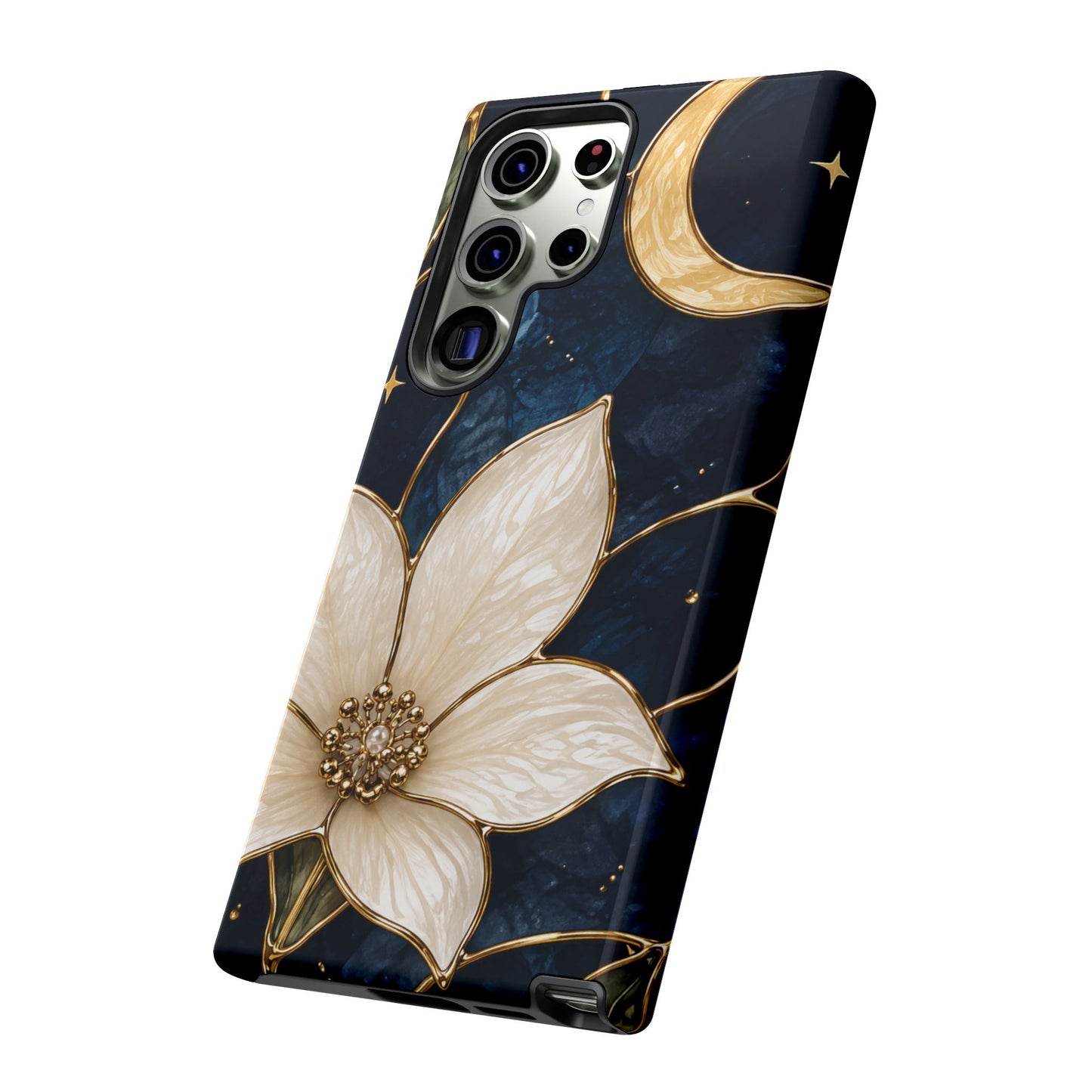 Midnight Blooms Floral Moon Tough Phone Case — Gold Crescent & White Blossom on Navy