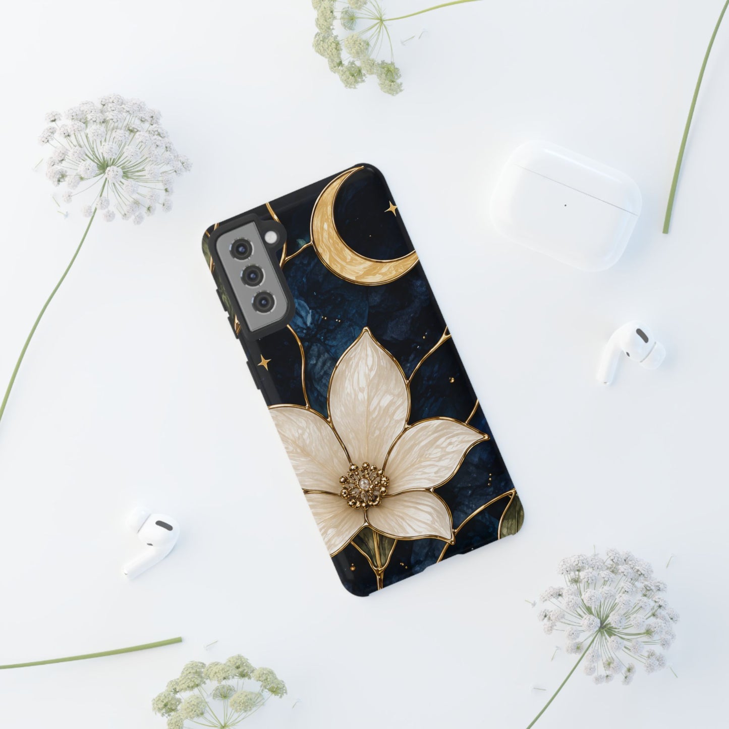 Midnight Blooms Floral Moon Tough Phone Case — Gold Crescent & White Blossom on Navy
