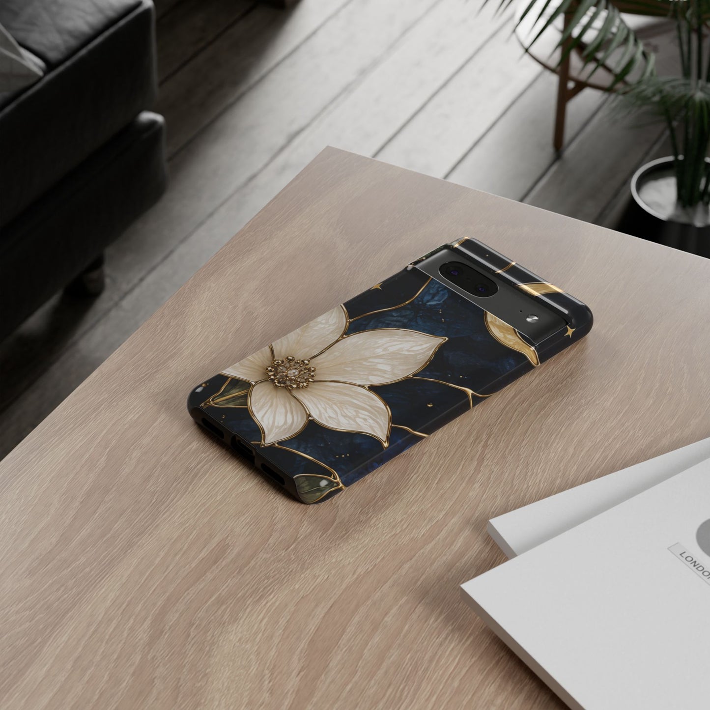 Midnight Blooms Floral Moon Tough Phone Case — Gold Crescent & White Blossom on Navy