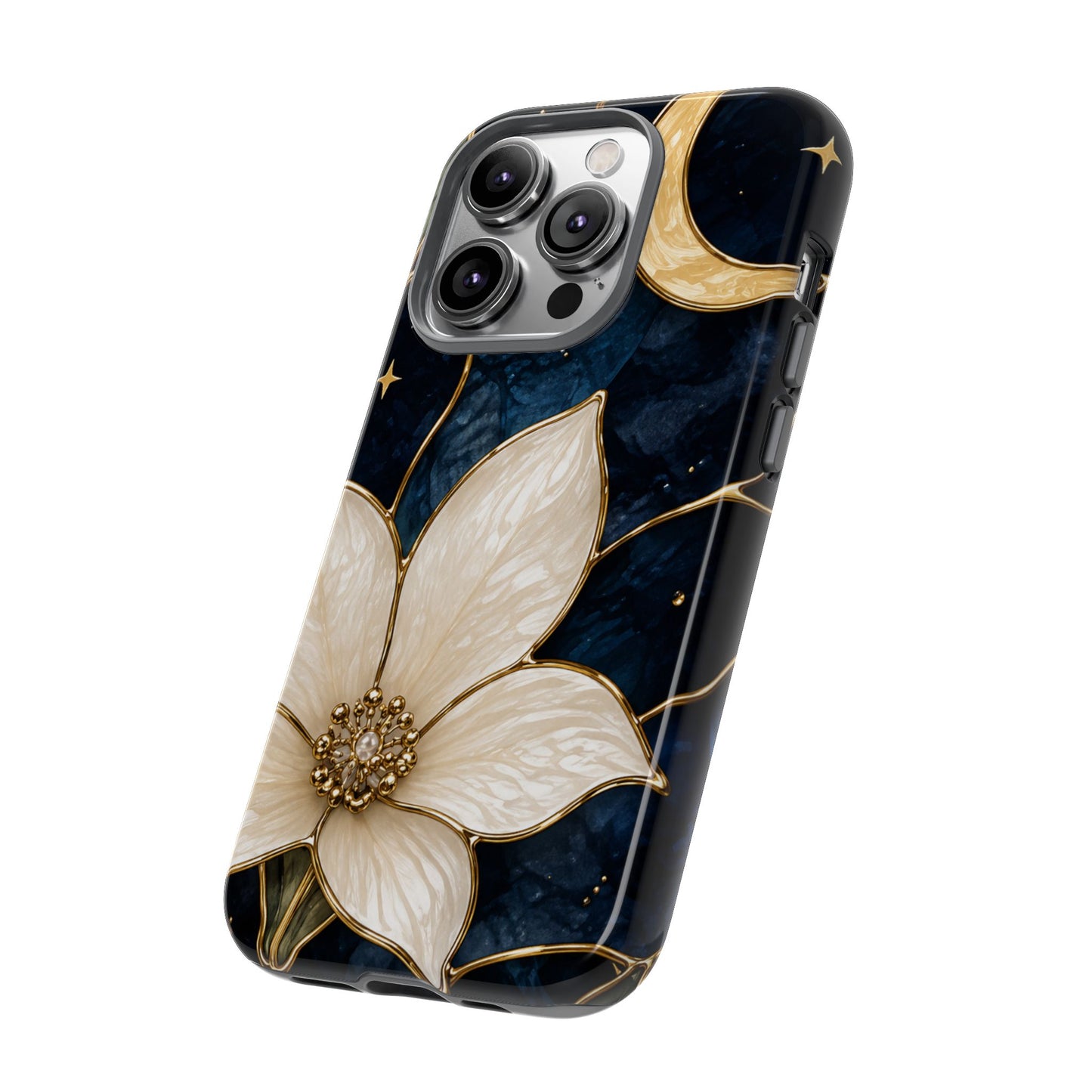 Midnight Blooms Floral Moon Tough Phone Case — Gold Crescent & White Blossom on Navy