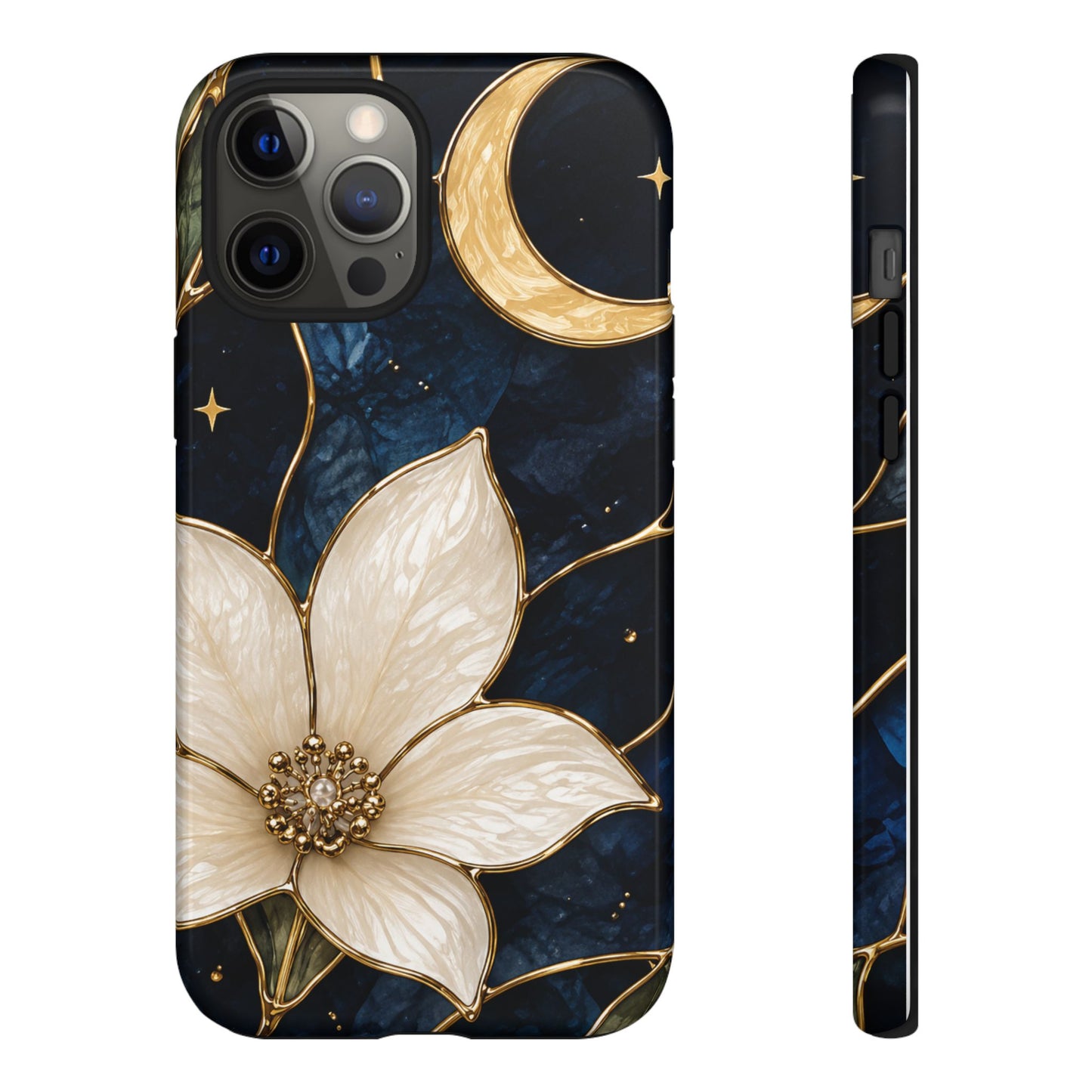 Midnight Blooms Floral Moon Tough Phone Case — Gold Crescent & White Blossom on Navy