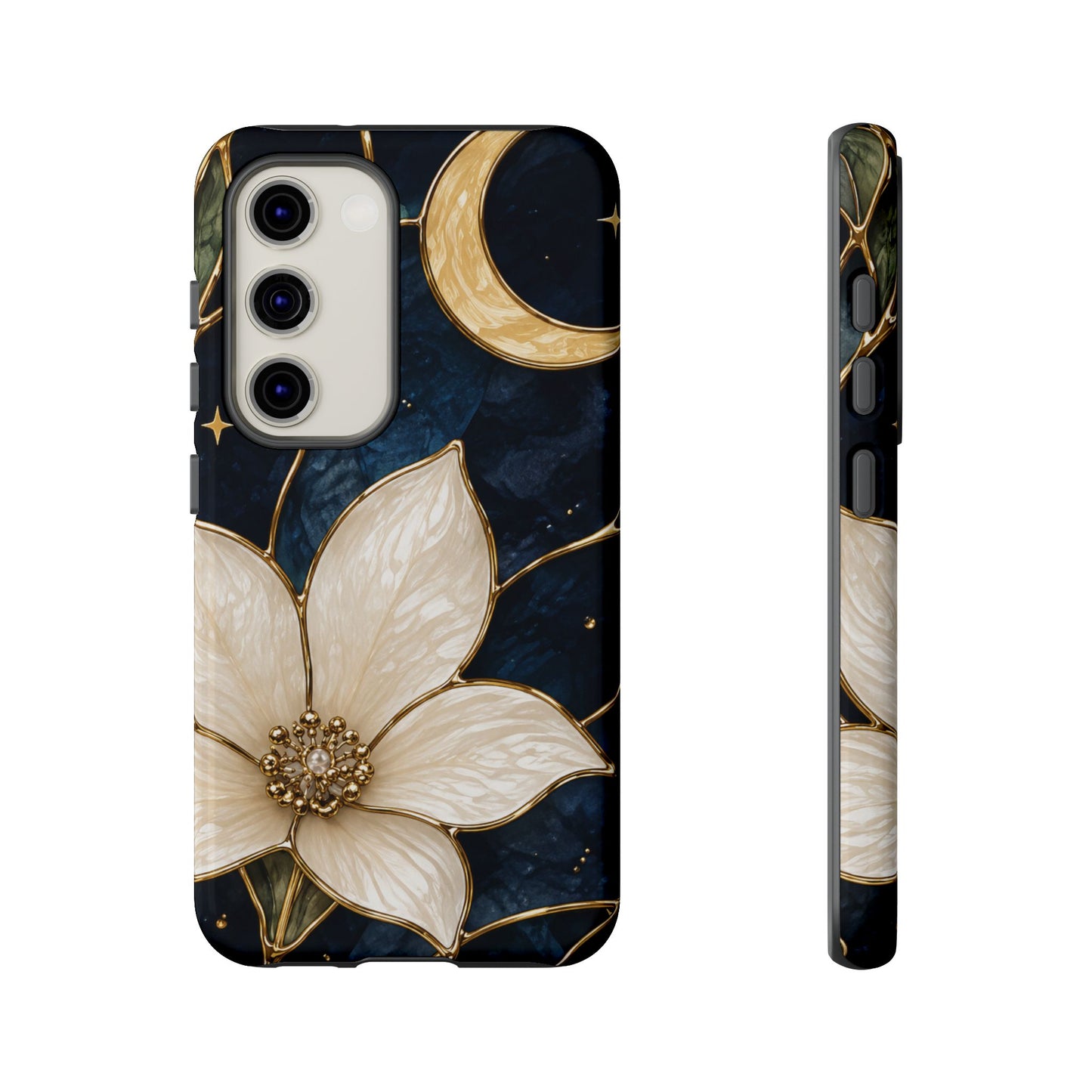 Midnight Blooms Floral Moon Tough Phone Case — Gold Crescent & White Blossom on Navy