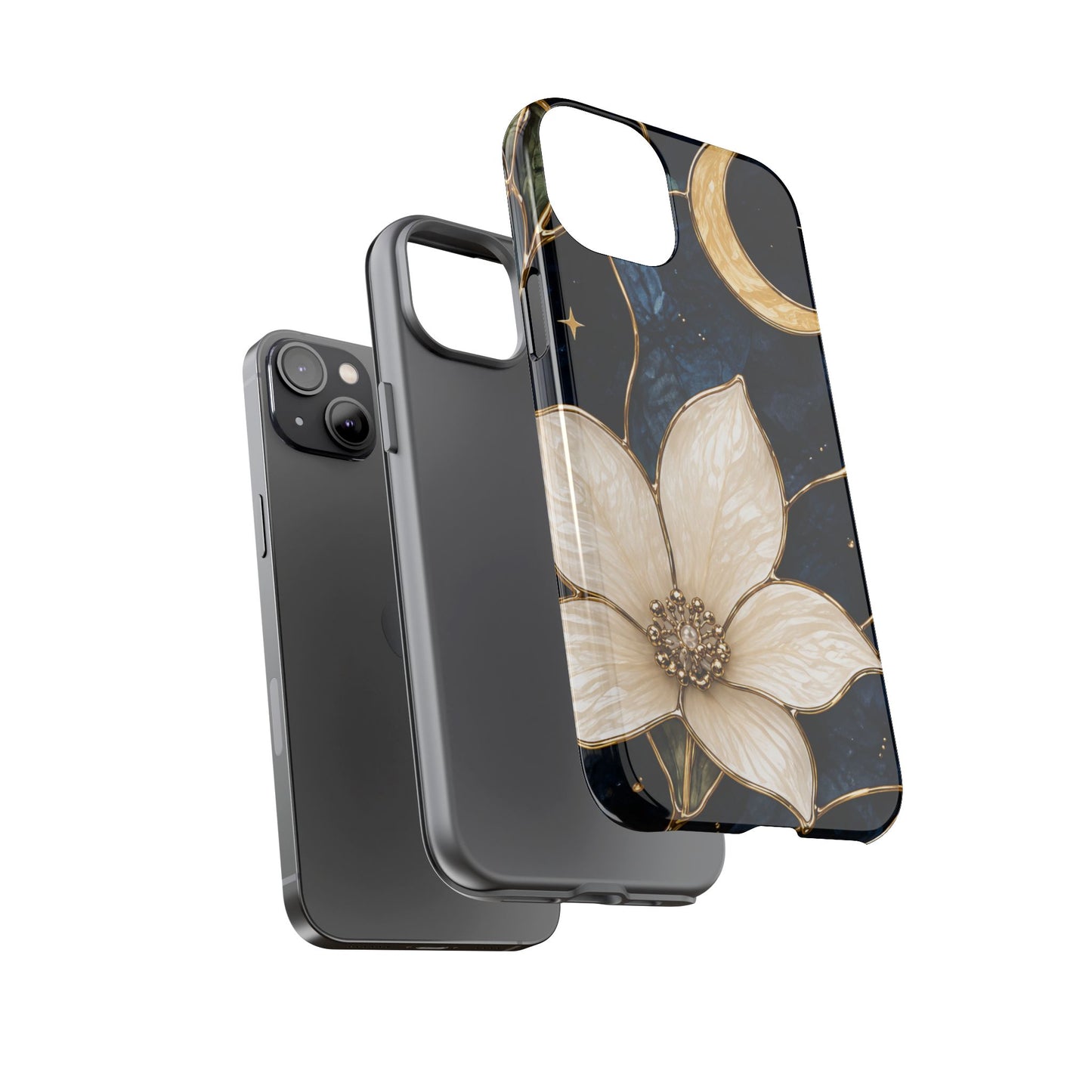 Midnight Blooms Floral Moon Tough Phone Case — Gold Crescent & White Blossom on Navy