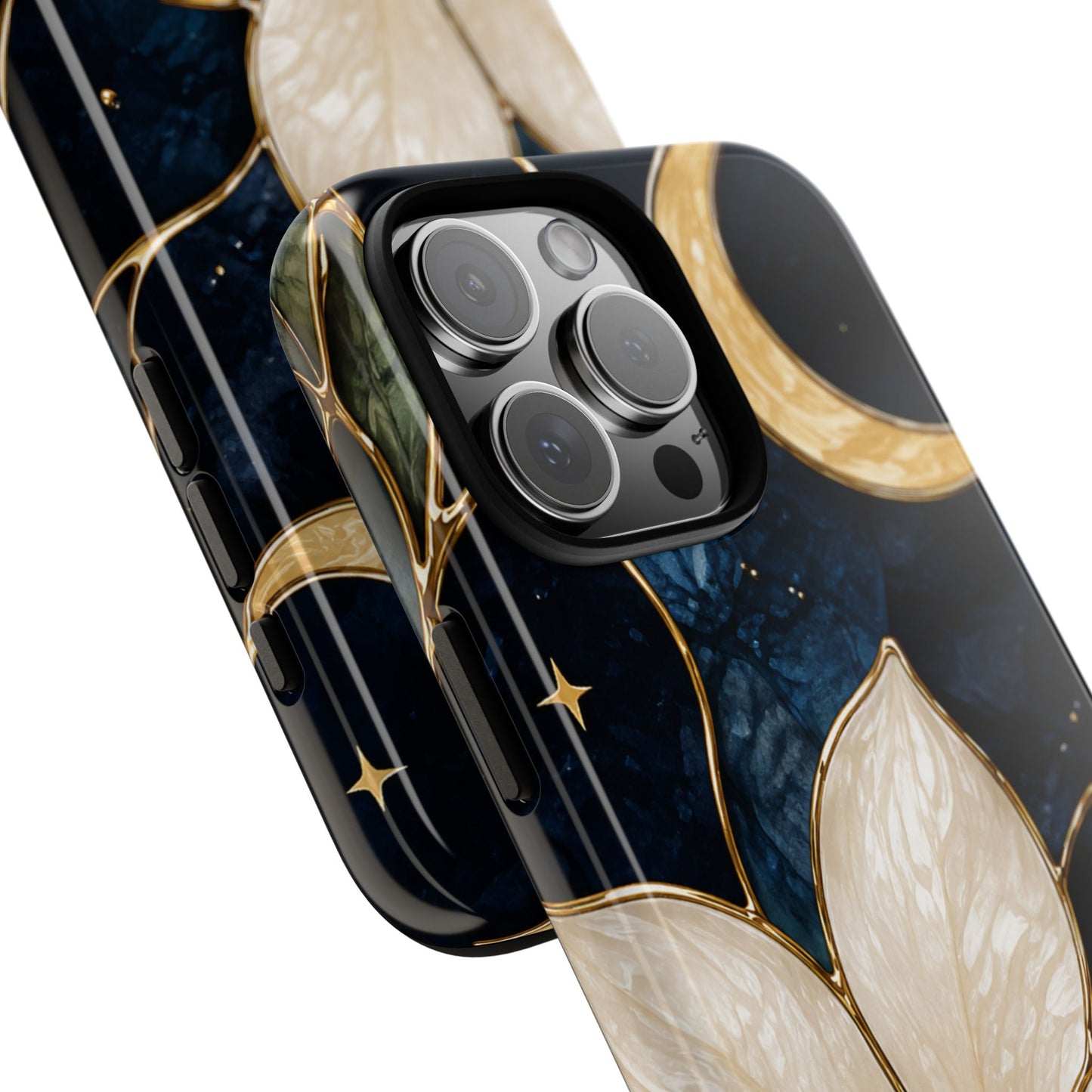 Midnight Blooms Floral Moon Tough Phone Case — Gold Crescent & White Blossom on Navy