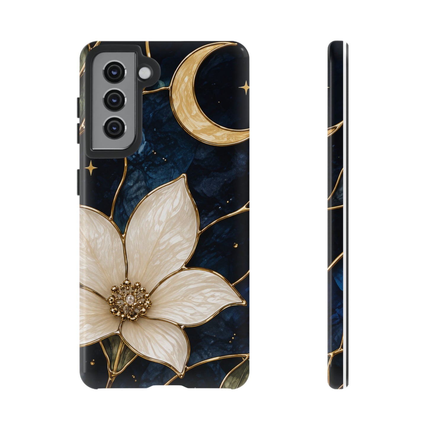 Midnight Blooms Floral Moon Tough Phone Case — Gold Crescent & White Blossom on Navy