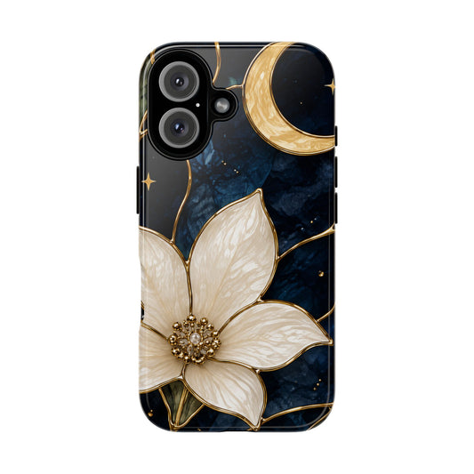 Midnight Blooms Floral Moon Tough Phone Case — Gold Crescent & White Blossom on Navy
