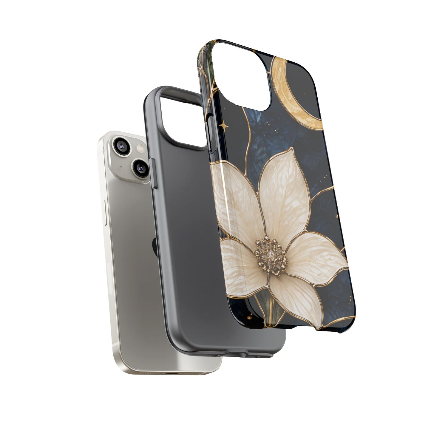 Midnight Blooms Floral Moon Tough Phone Case — Gold Crescent & White Blossom on Navy