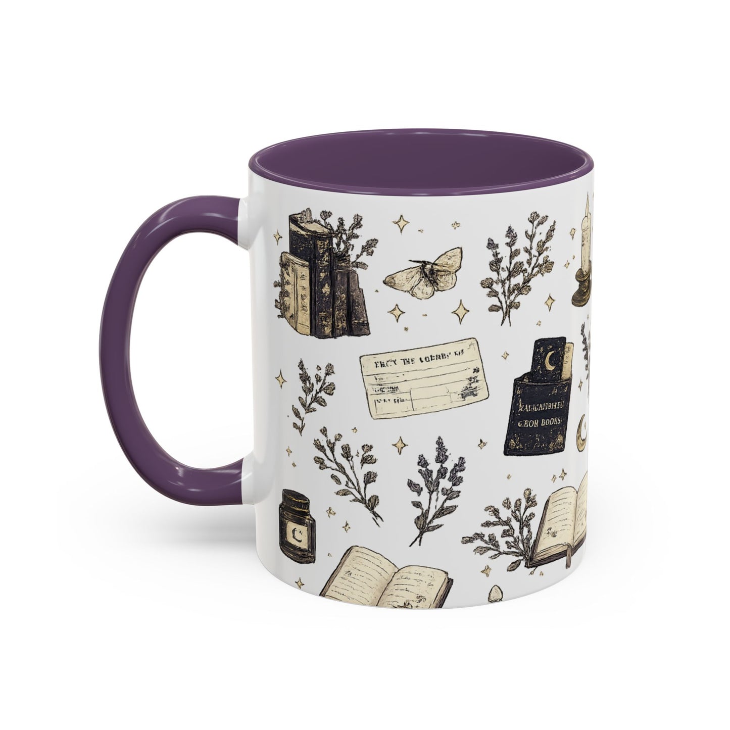 Mystic Tea & Books Accent Mug — Witchy Candle, Moon & Lantern Pattern (11/15 oz)