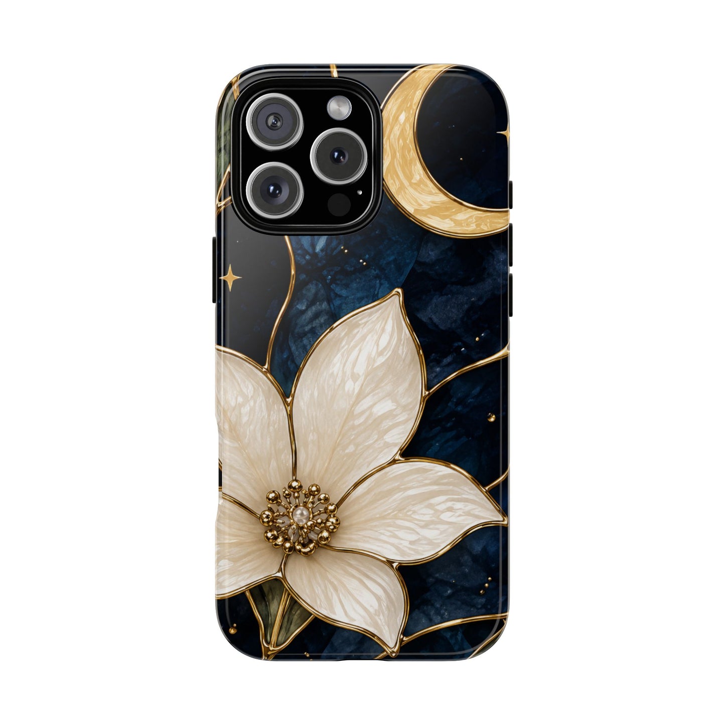 Midnight Blooms Floral Moon Tough Phone Case — Gold Crescent & White Blossom on Navy