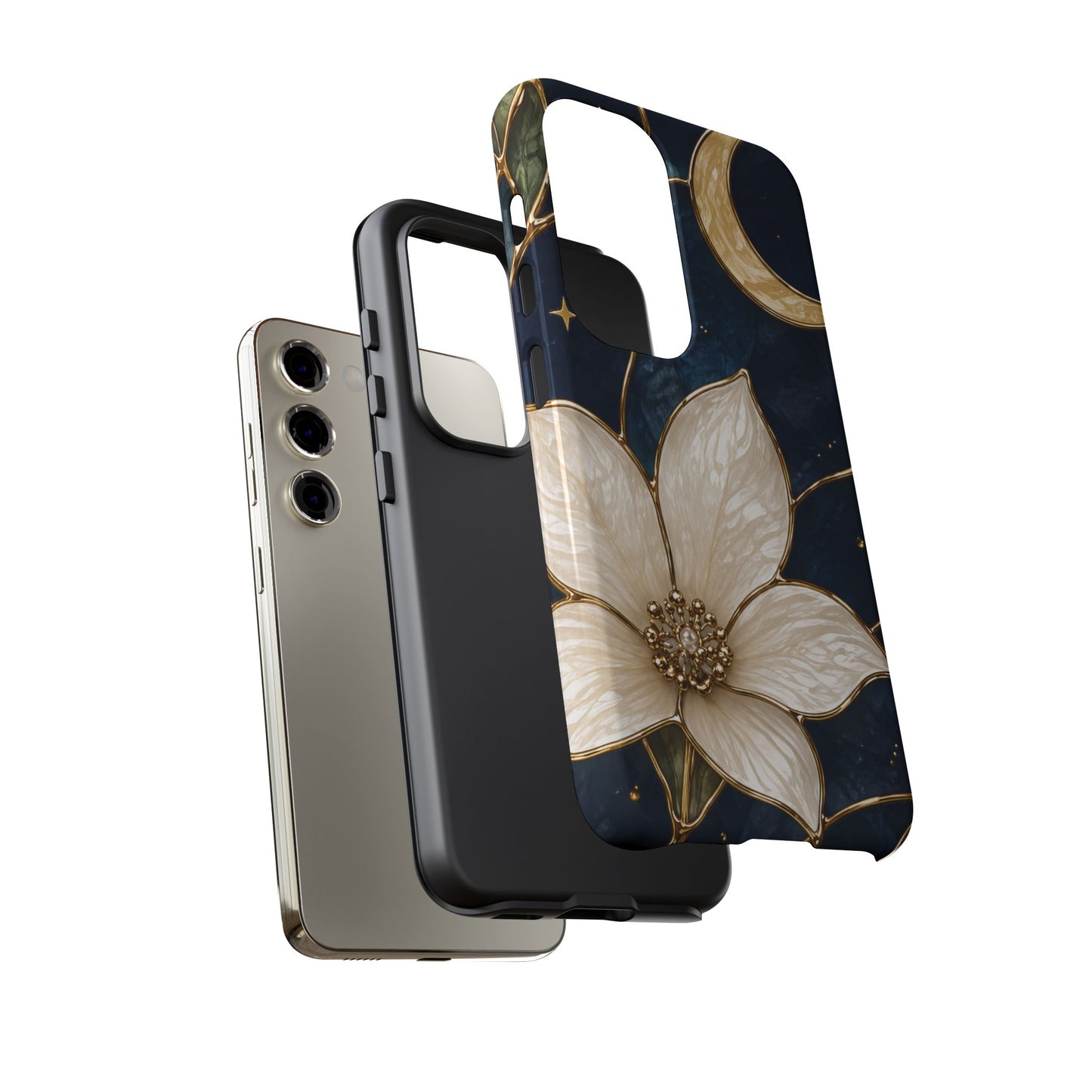 Midnight Blooms Floral Moon Tough Phone Case — Gold Crescent & White Blossom on Navy